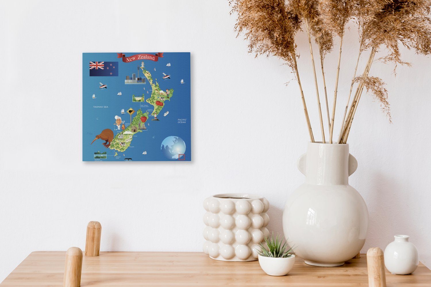 für Wohnzimmer St), (1 Cartoon-Illustration der OneMillionCanvasses® Leinwandbild von Bilder Schlafzimmer Neuseeland, Karte Leinwand Eine
