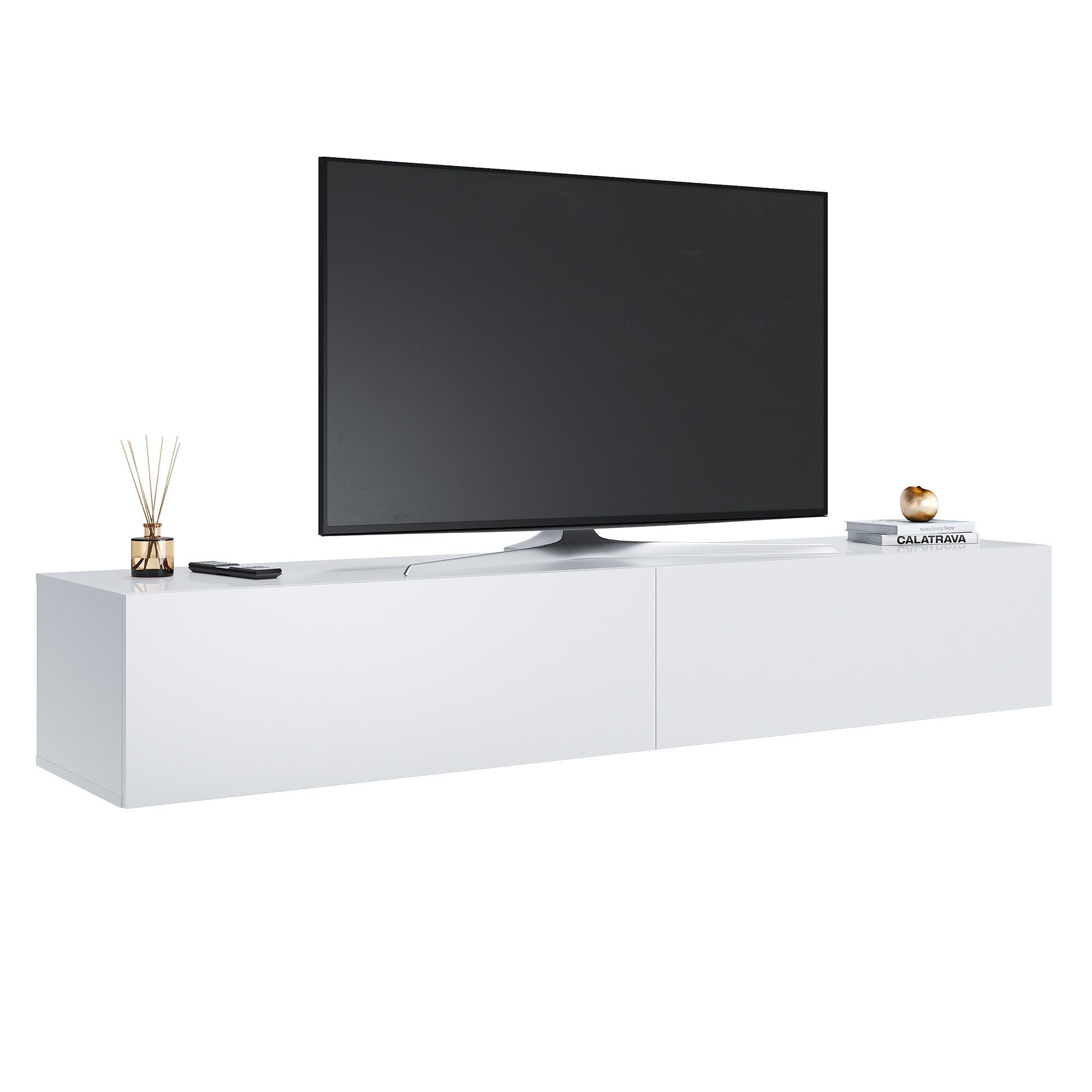 SONNI Lowboard Breite 140/160/180cm,TV Board,Hängend,Hochglanz,Weiß/schwarz, Belastbarkeit:20kg