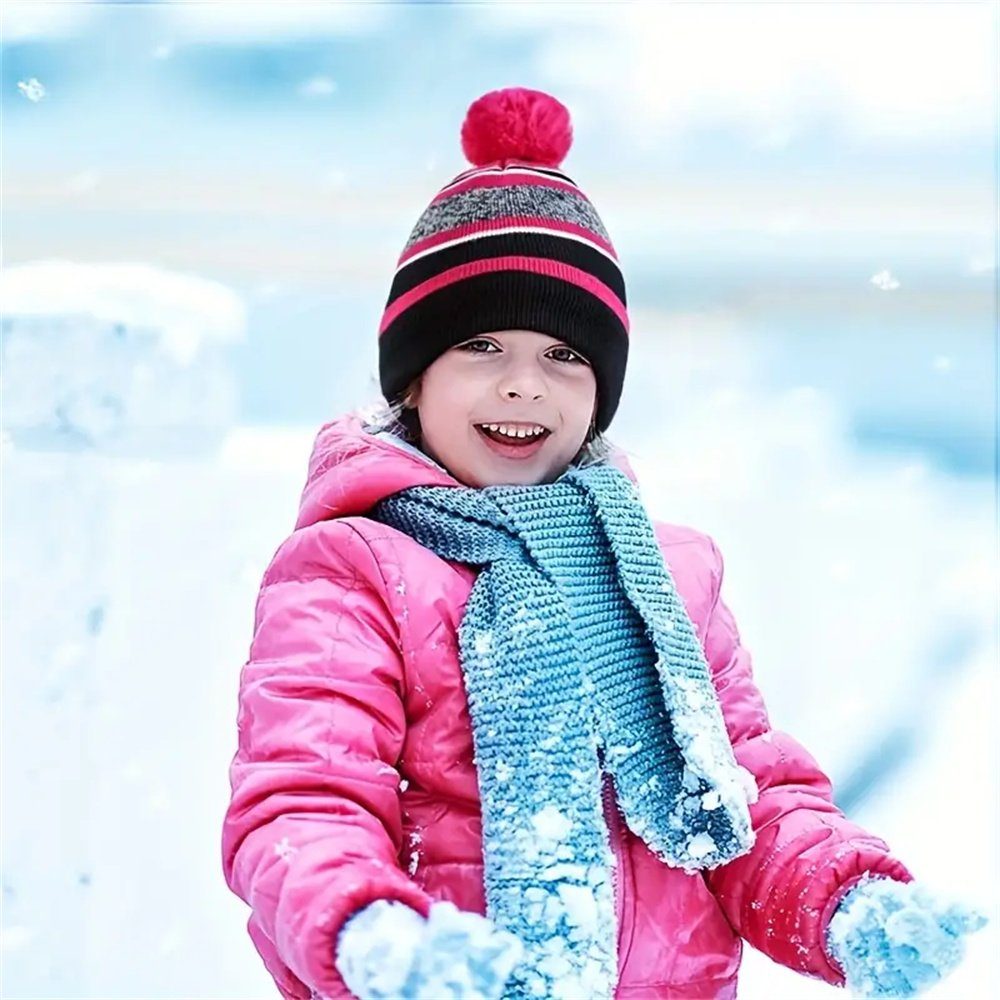 wärmendes TUABUR Mütze Winter-Set: Fleece Handschuhe, & Kinder Blau Skihandschuhe