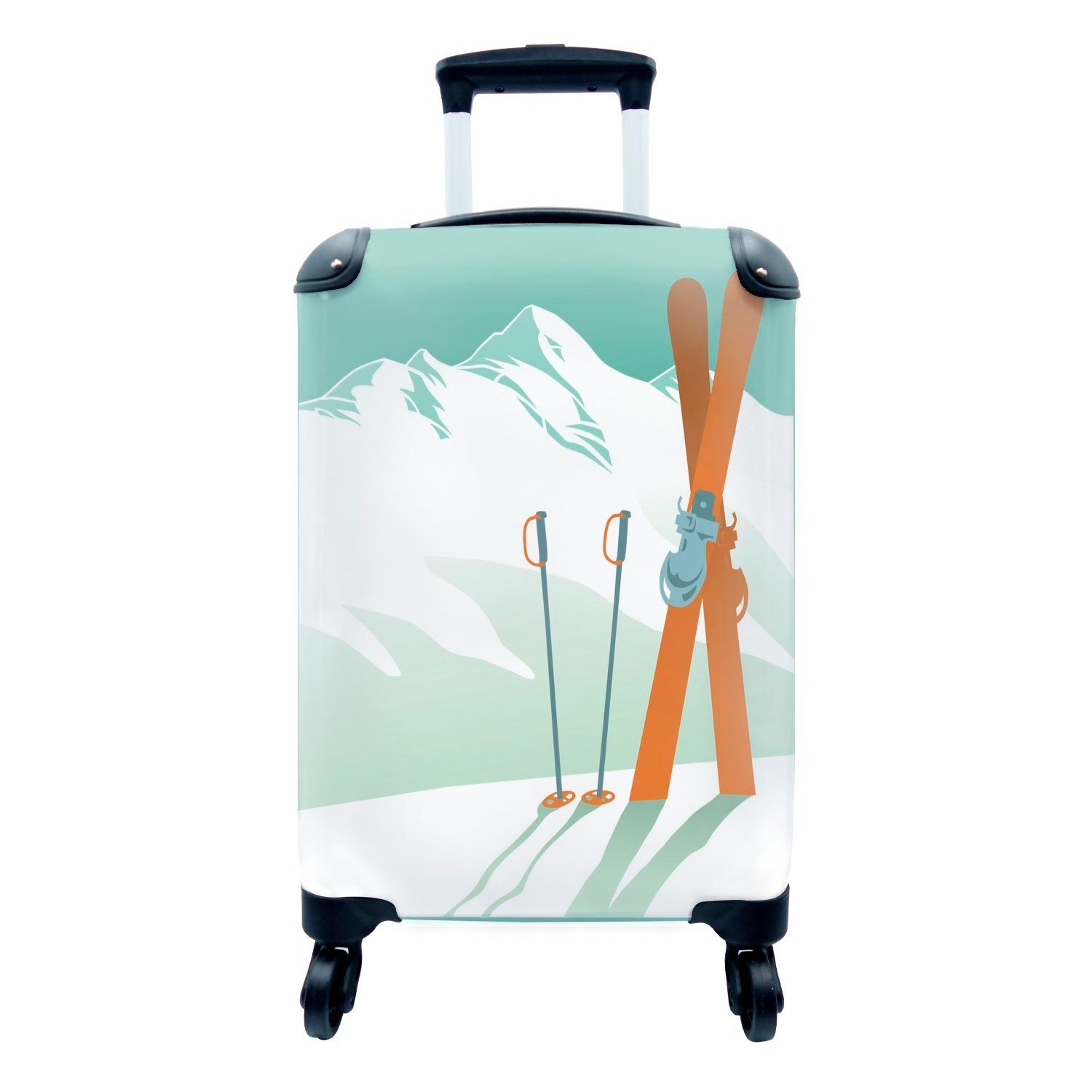 Handgepäck Reisetasche Reisekoffer Trolley, in MuchoWow Skistöcken, Boden für gerammten mit den Rollen, Handgepäckkoffer Skiern Eine 4 rollen, Ferien, Illustration von und
