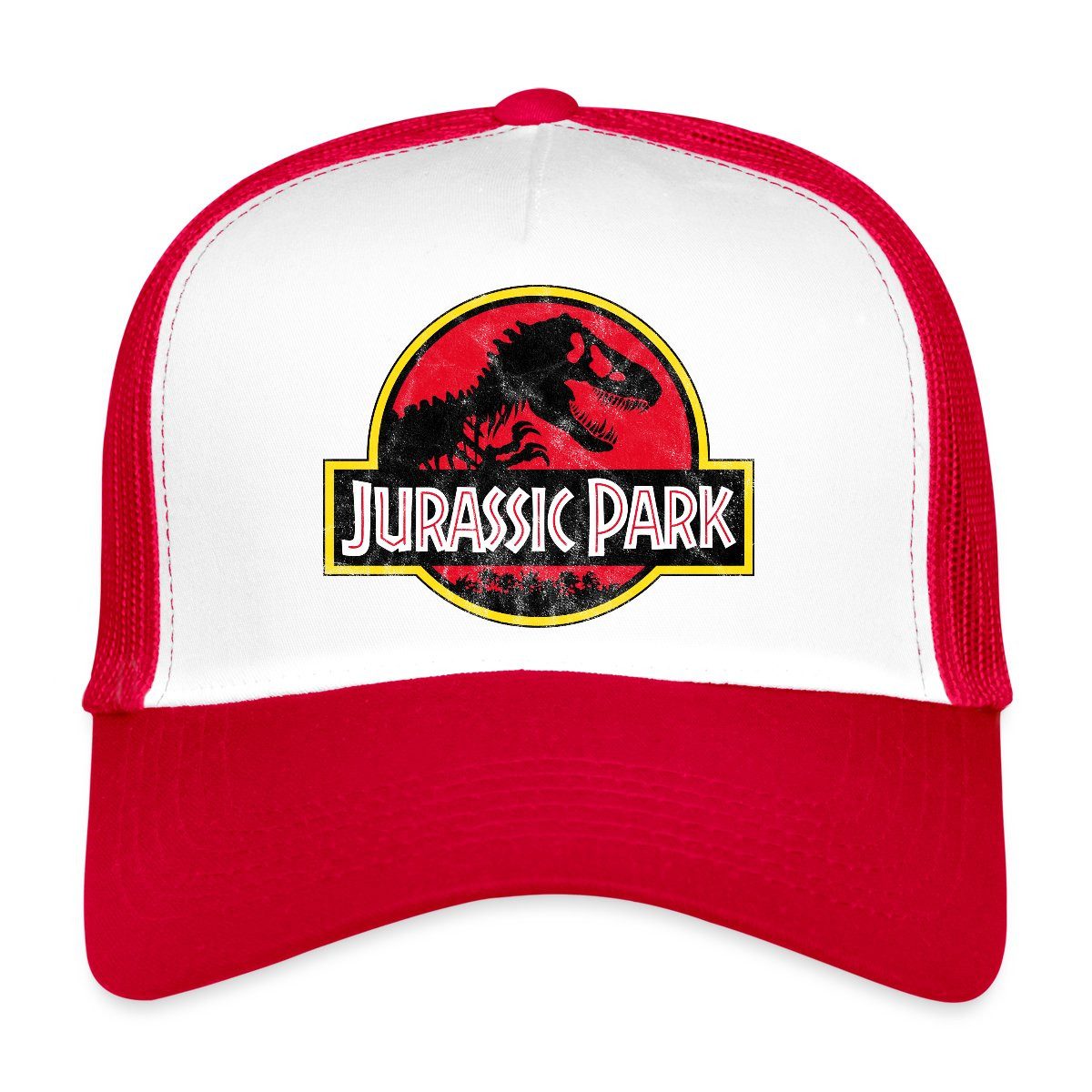 Spreadshirt Trucker Cap Jurassic Park Klassisches Logo In Rot Mit T-Rex Trucker Cap (1-St)