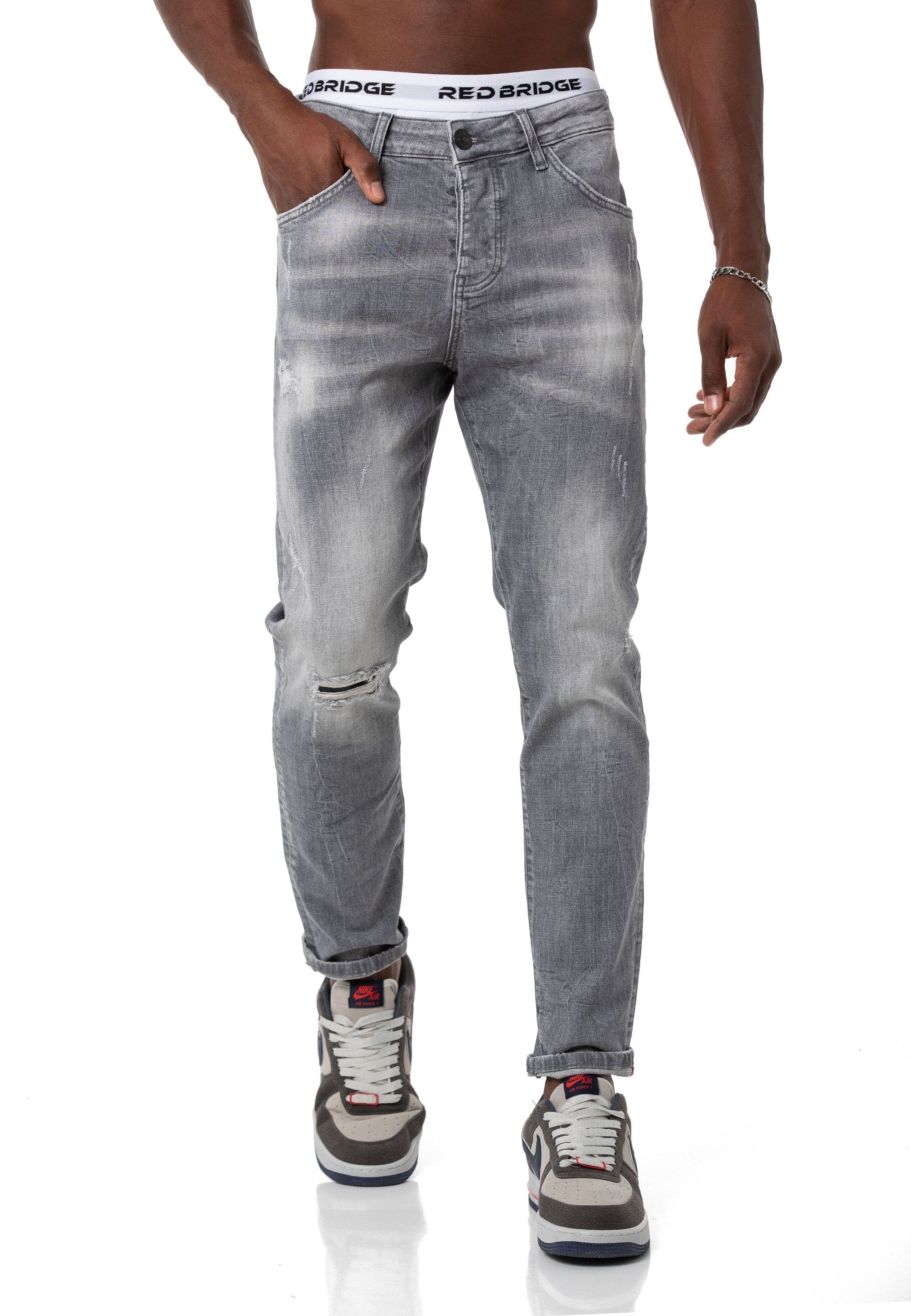 Leg Pants RedBridge Straight Grau Denim Distressed-Look Slim-fit-Jeans Hose