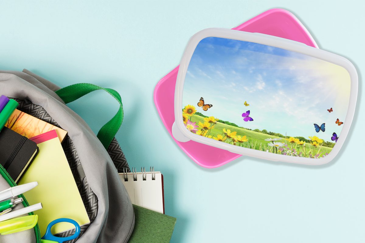 Sommer, Kinder, Blumen (2-tlg), Brotbox Mädchen, MuchoWow rosa - Lunchbox für Brotdose Erwachsene, Kunststoff, Kunststoff - Snackbox, Schmetterlinge