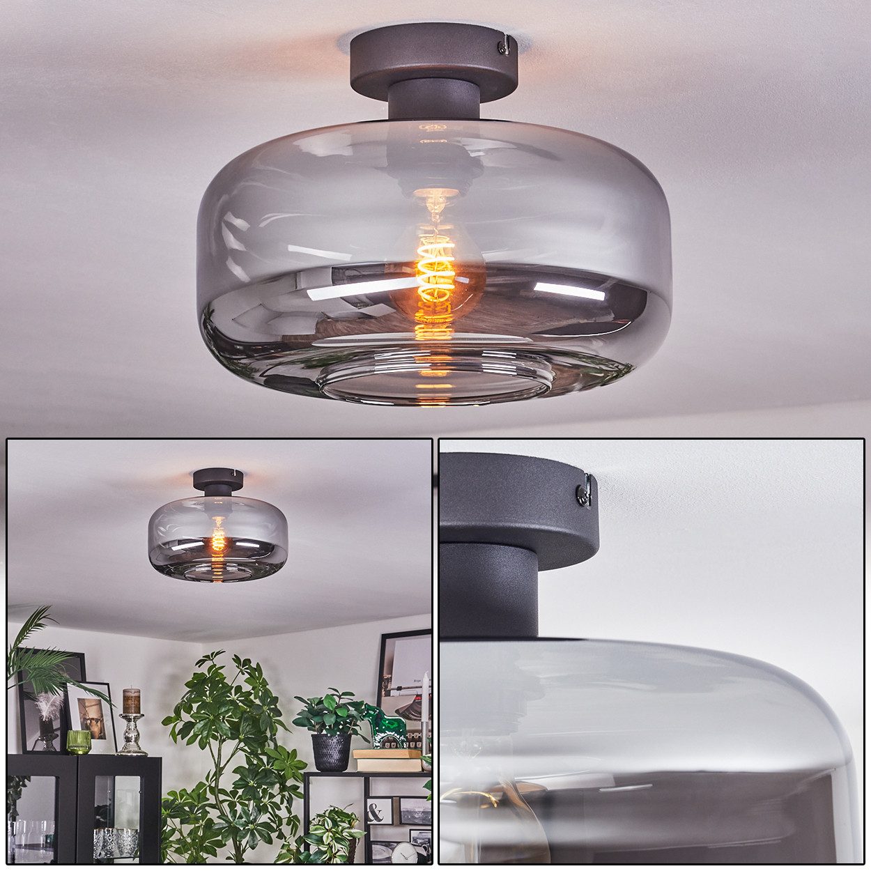 hofstein Deckenleuchte Deckenlampe aus Metall/Glas in Schwarz/Rauchfarben, Deckenleuchte im Retro/Vintage-Design (Schirm Ø 28 cm), E27