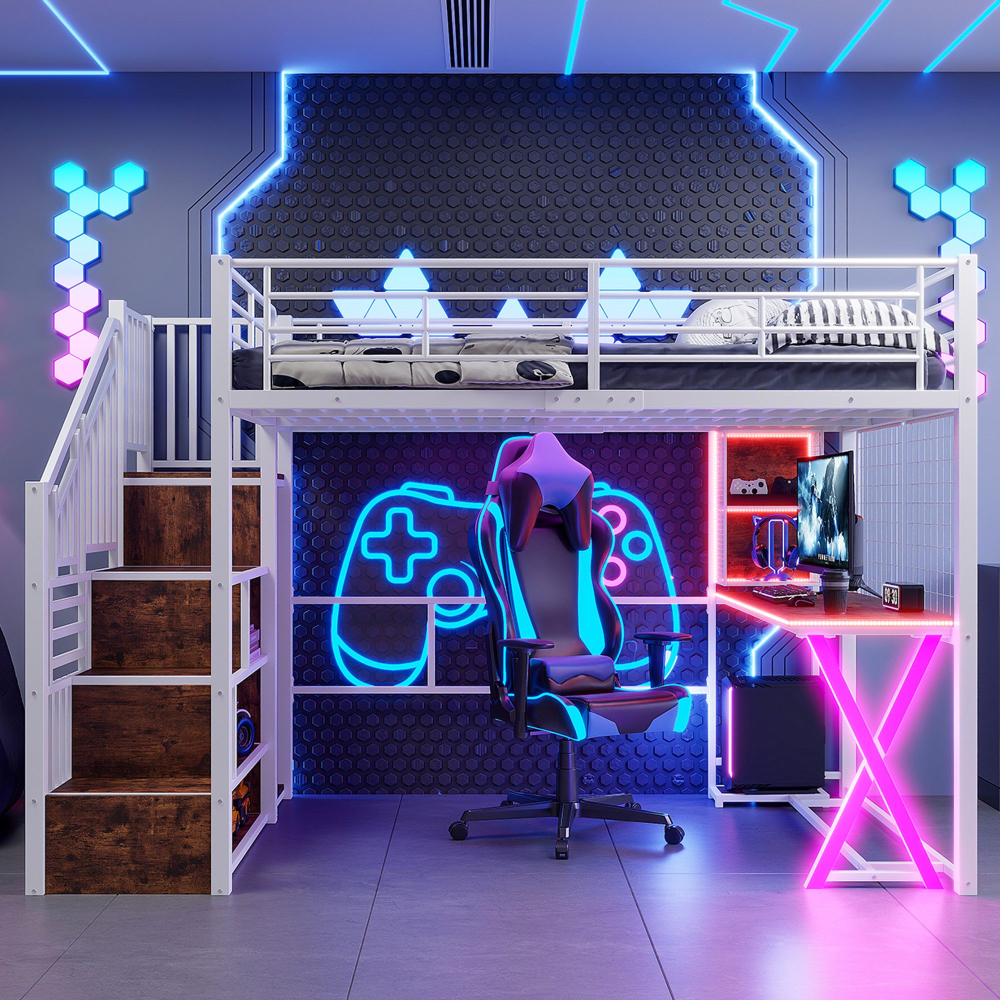 Flieks Hochbett LED Metallbett 140x200 mit Schreibtisch Kleiderschrank Stau günstig online kaufen