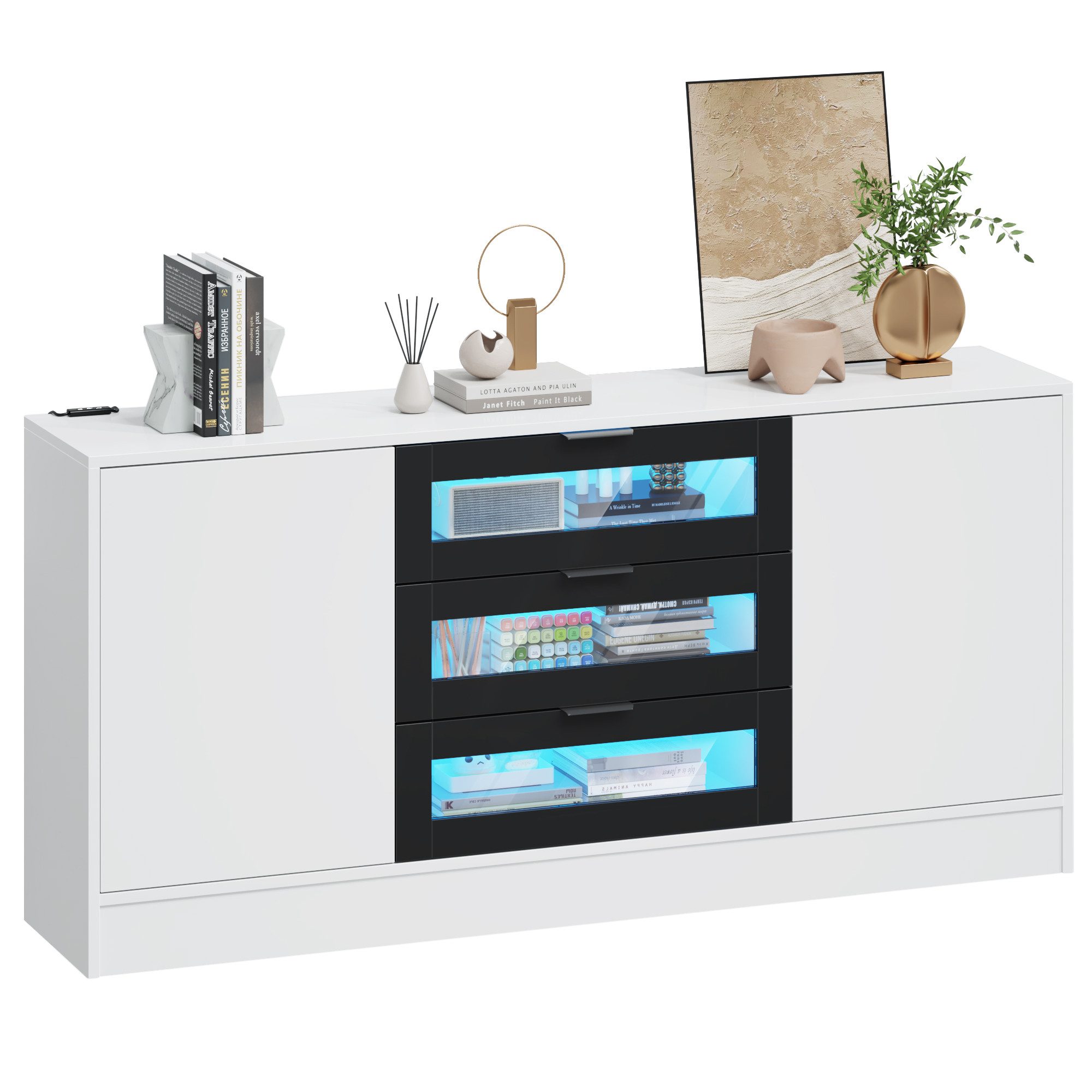 OYRREU TV-Schrank Wohnzimmer Aufbewahrungsschrank, Sideboard, mit LED-Licht (1er Set) 2 Türen und 3 Schubladen, Mehrzweckschrank Kommode 150x35x80 cm