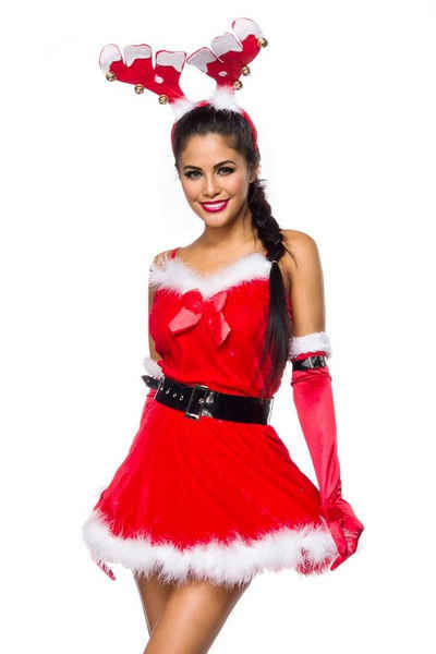ohne Label Kostüm »4-tlg. Weihnachts Kostüm "Rentier" aus Samt Christmas Set X-Mas Valentinstag Outfit: Xmas Minikleid, Gürtel, Haarreif, Handschuhe, rot weiß«