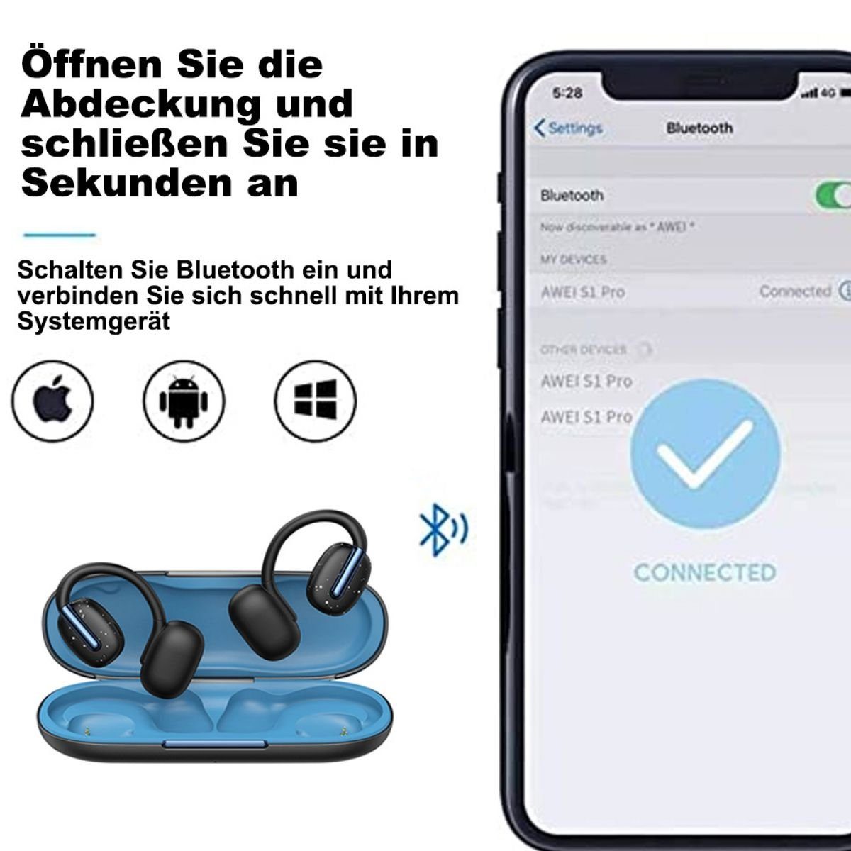 Conduction Jormftte Air Schwarz Bluetooth-Kopfhörer Open Kopfhörer Ear Sport Headphones Kopfhörer,Bluetooth