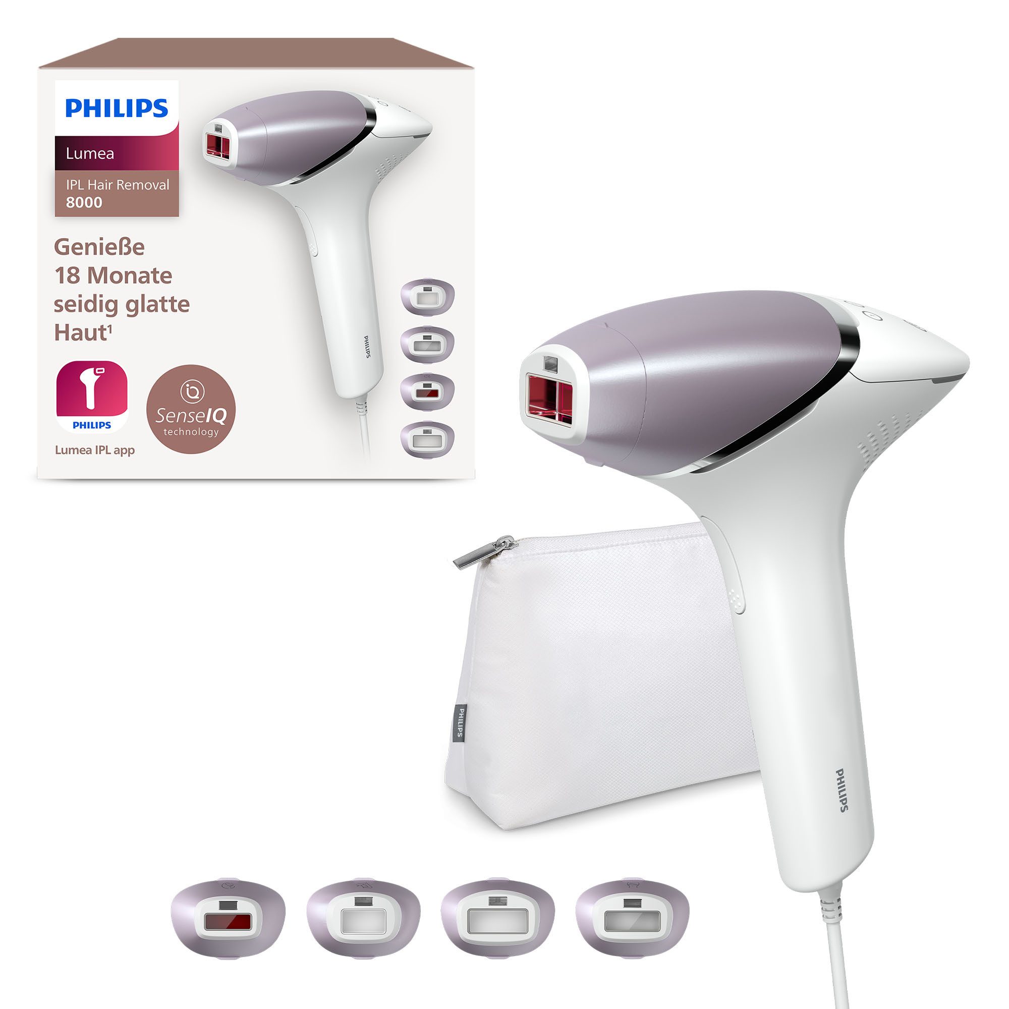 Philips IPL-Haarentferner Lumea S8000 BRI947/00, 450.000 Lichtimpulse, 4 Aufsätze (Achseln, Bikinizone, Körper und Gesicht)