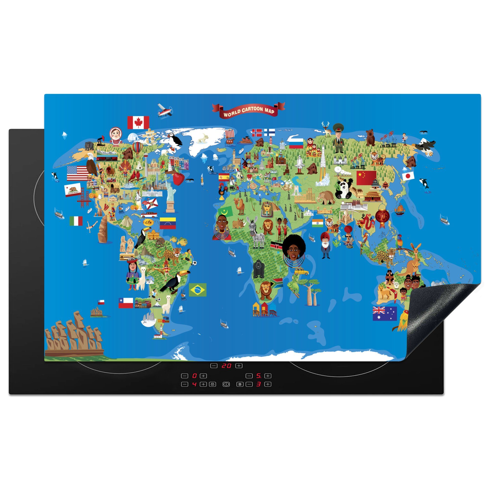 MuchoWow Herdblende-/Abdeckplatte Eine Illustration einer Cartoon-Weltkarte mit Figuren, Vinyl, (1 tlg), 83x51 cm, Ceranfeldabdeckung, Arbeitsplatte für küche
