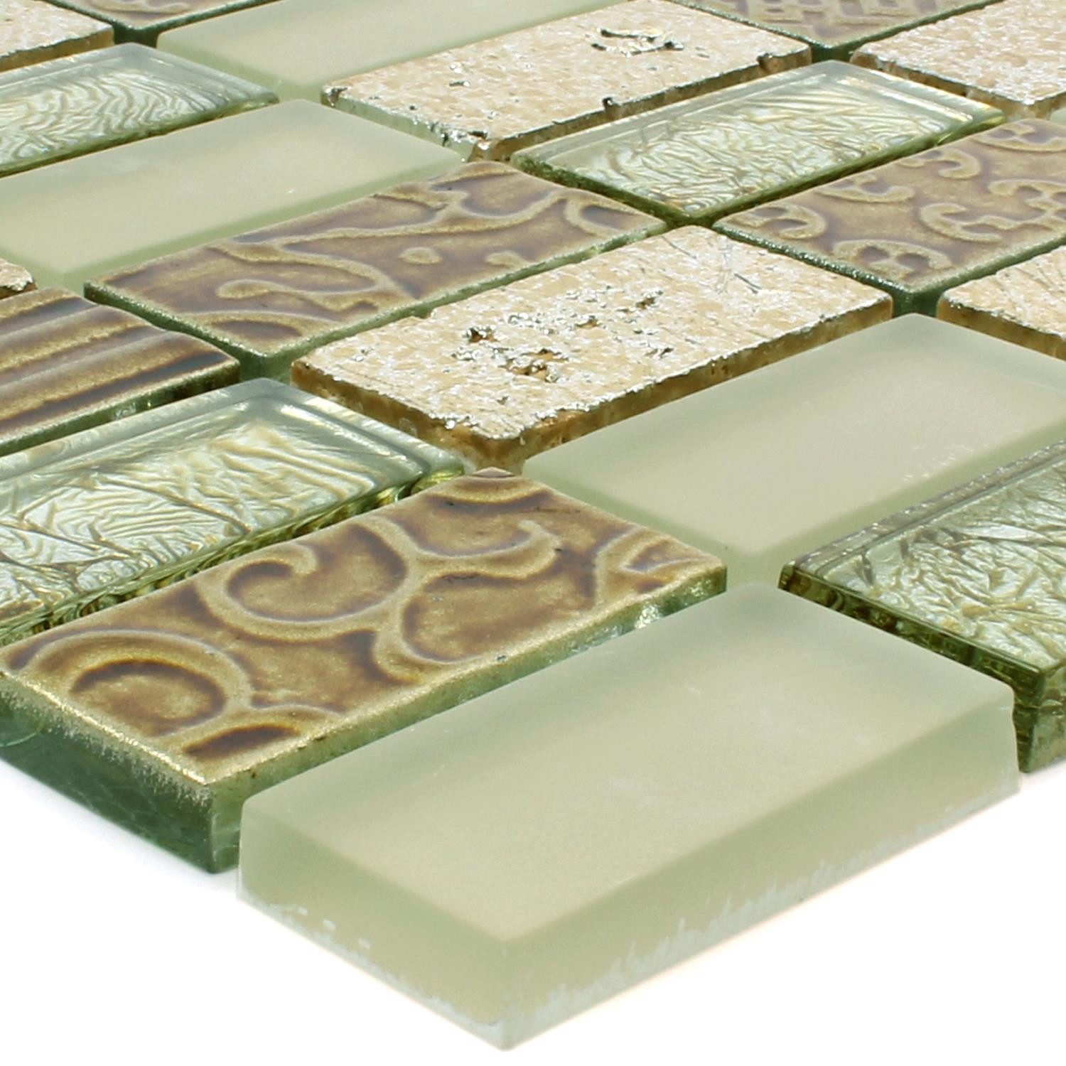 Mosafil Mosaikfliesen Mosaikfliesen Glas Naturstein Piroshka, Naturstein-Glas 30.000x30.000, gold-beige-braun-silber, Verlegefertig auf ein Netz geklebt