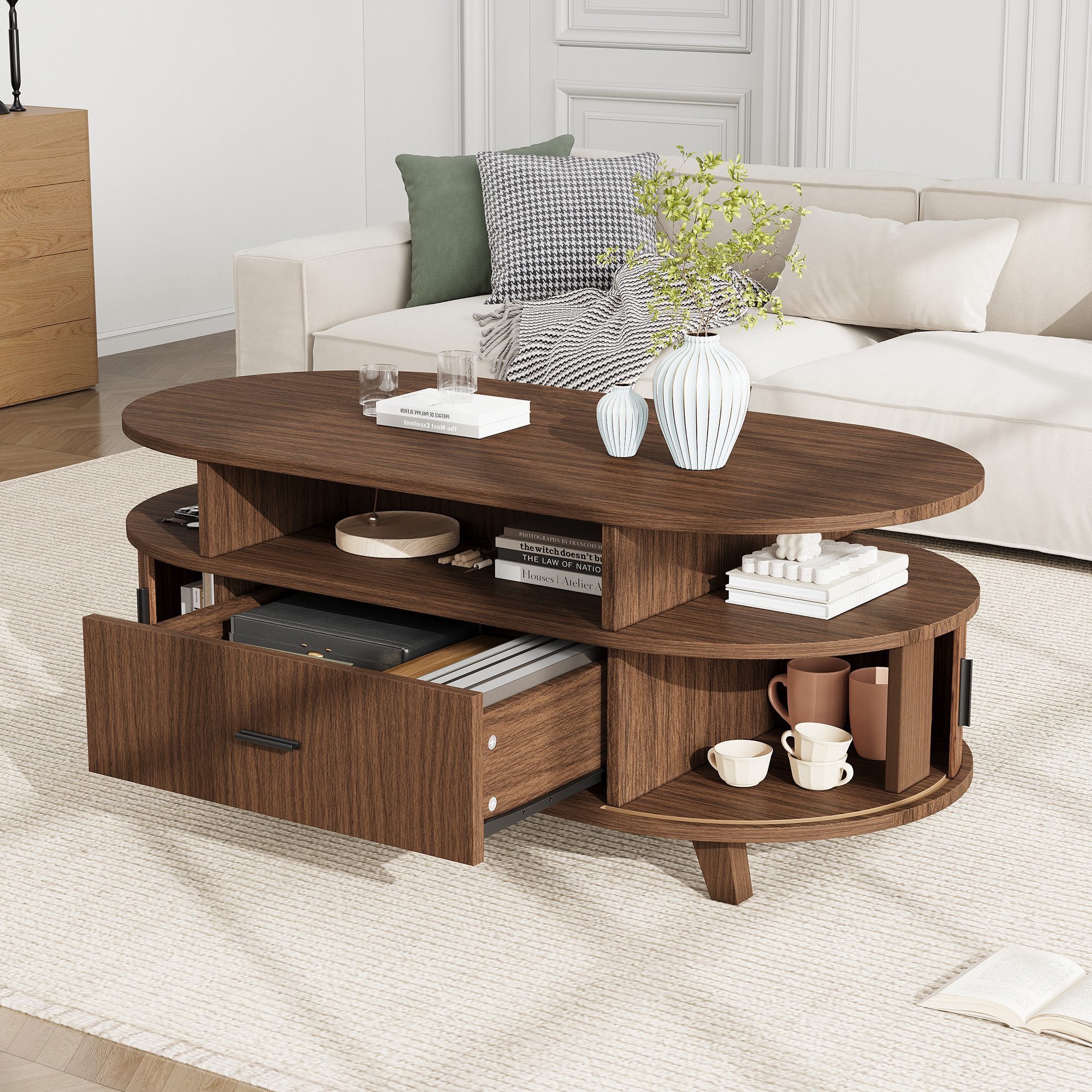 KLAM HOME Couchtisch Couchtisch 100cm mit Schublade und Rollläden für Wohnzimmer (Wohnzimmertisch oval mit Stauraum, Naturholz oder …