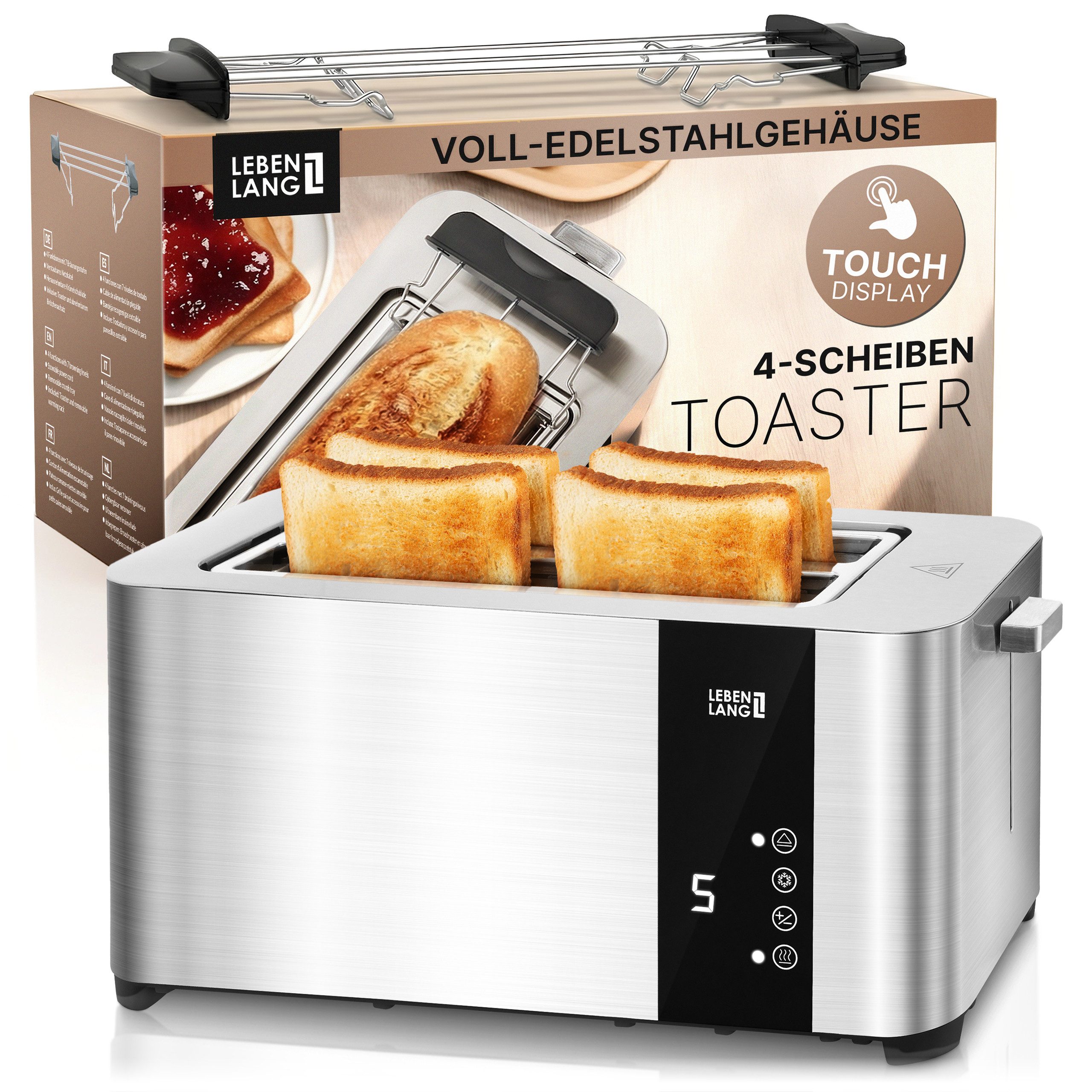 Lebenlang Toaster Premium 4-Scheiben Multifunktionstoaster aus Edelstahl, 4-Scheiben, 1400,00 W, mit Touchscreen-Display, 7 Bräunungsstufen …