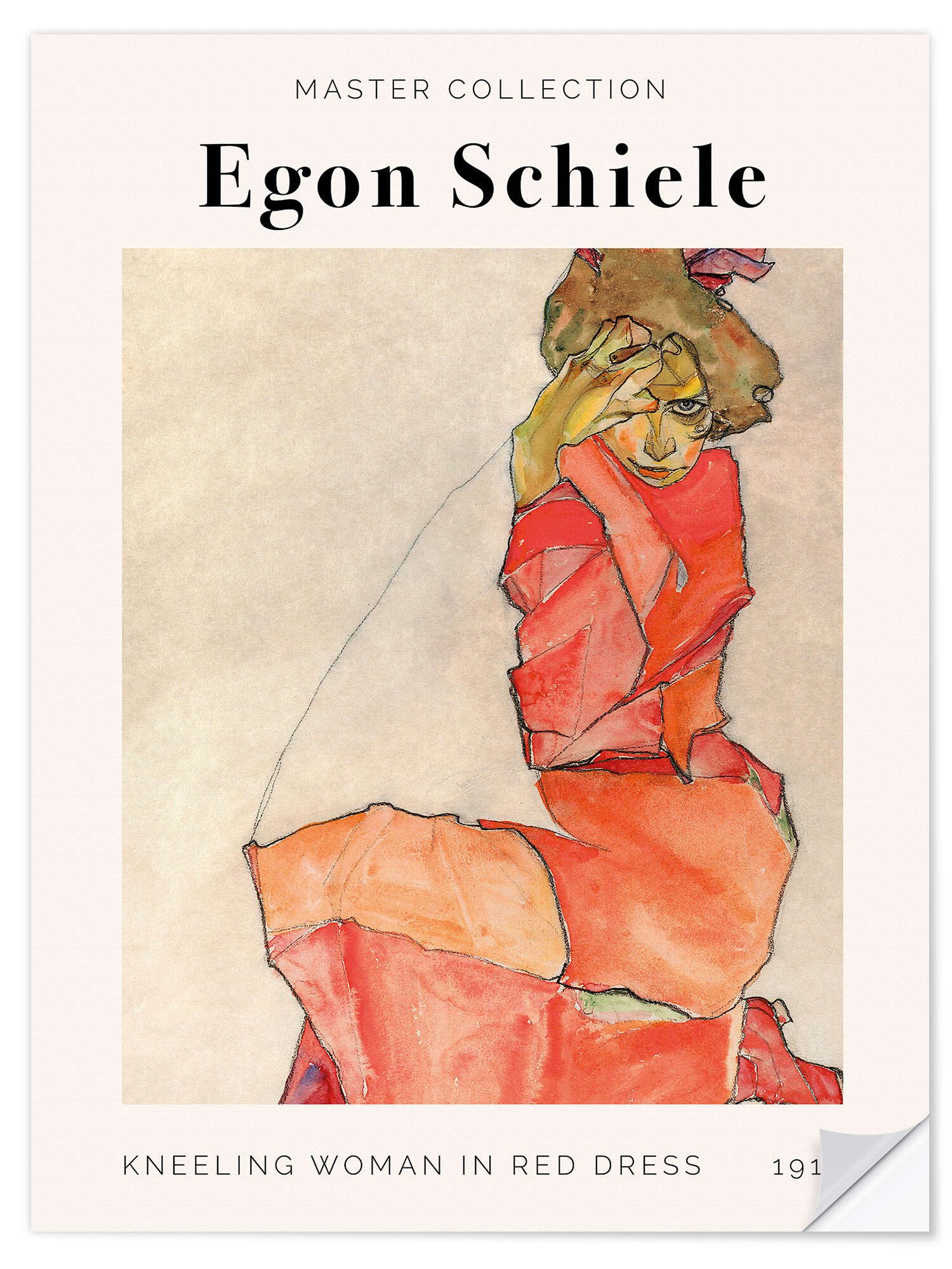 Posterlounge Wandfolie Egon Schiele, Kneeling Woman in Red Dress, 1910, Wohnzimmer Malerei