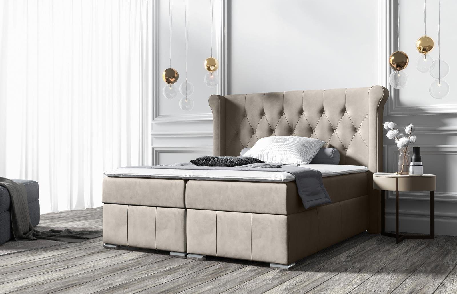 Beautysofa Boxspringbett Massi (mit 2 Bettkäasten, Bonnellfederkernmatratzen, mit Topper, mit automatische auf Federn), Kopfteil gesteppt und gepolstert