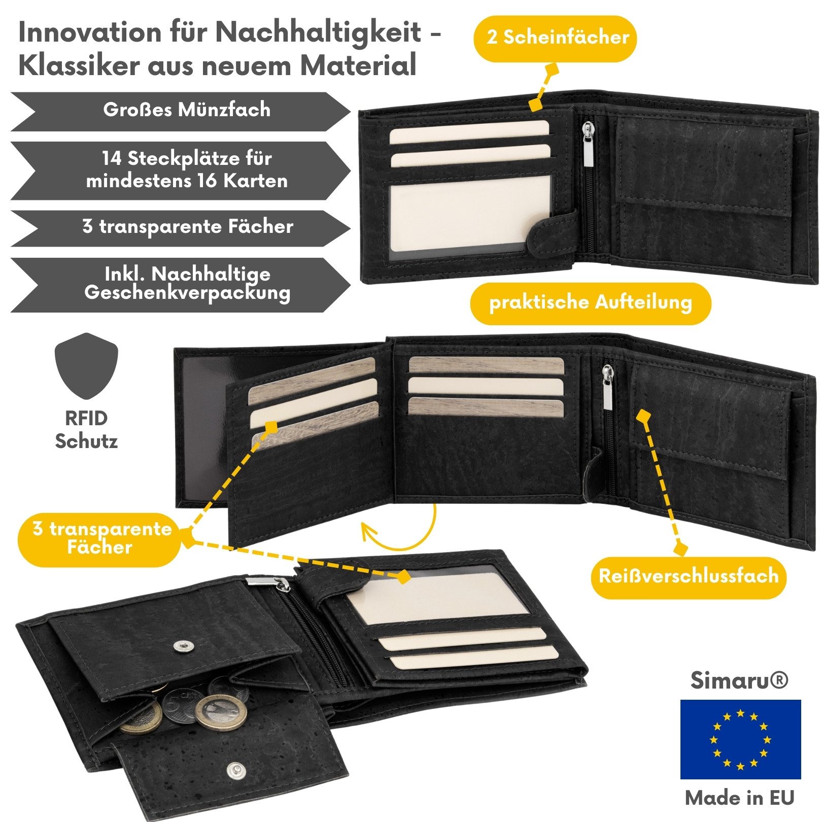 Simaru Geldbörse Principe, Portmonee aus Kork, veganer RFID-Schutz, wasserdicht und langlebig