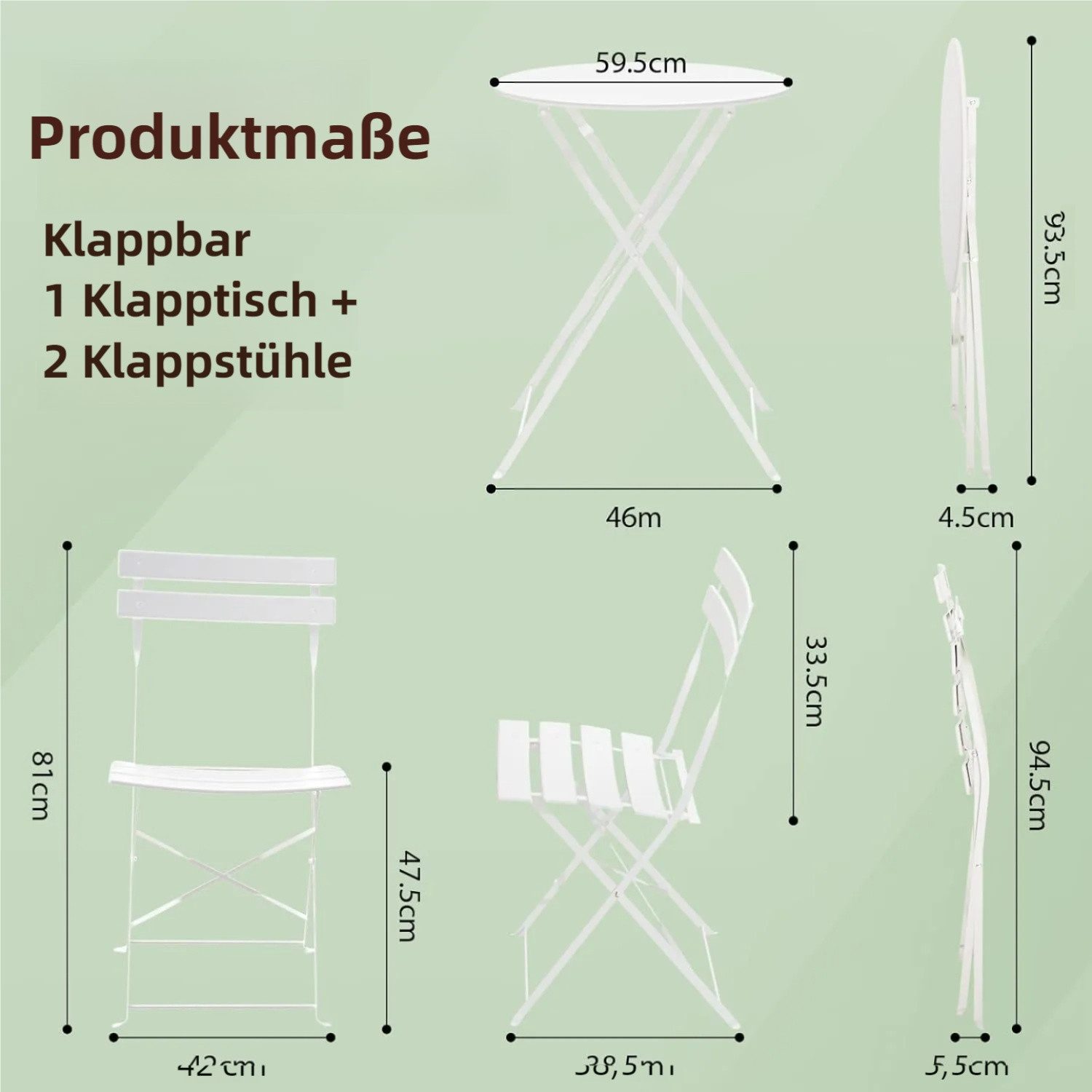TLGREEN Balkonset Gartenmöbel Bistro Set Metall, (UV-Beständig & Rostfrei, Wetterfest, Balkonmöbel Klappbar für Balkon, Terrasse, Café, Garten), Outdoor Sitzgarnitur, 2 Klappstuhl 1 Klapptisch