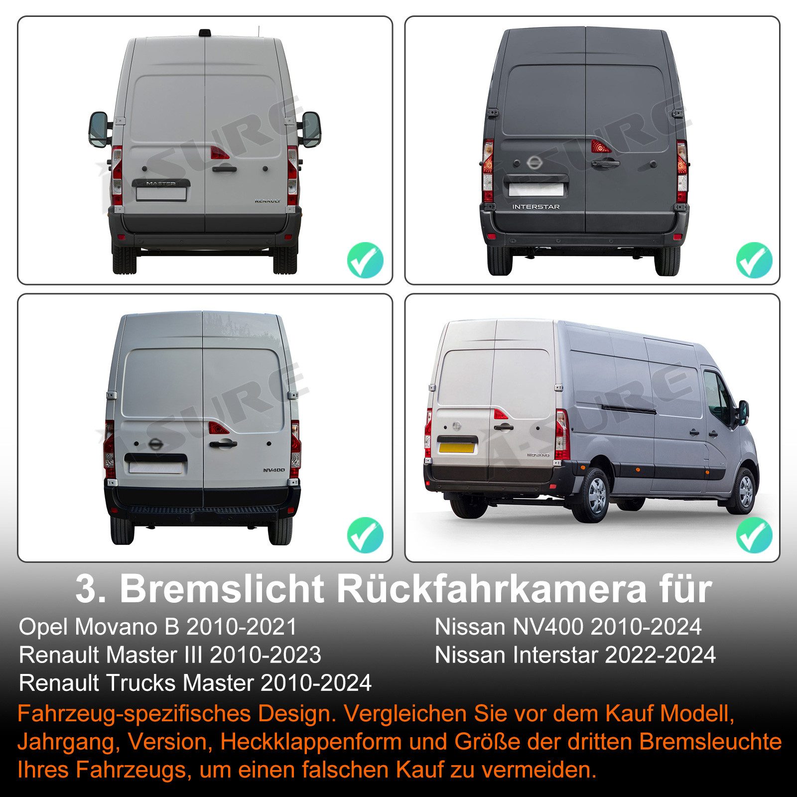 A-Sure Für Opel Movano Renault Master Nissan NV400 Rückfahrkamera Bremslicht Rückfahrkamera (AHD, 1080P HD/1920*1080/IP67/170° Weitwinkel)