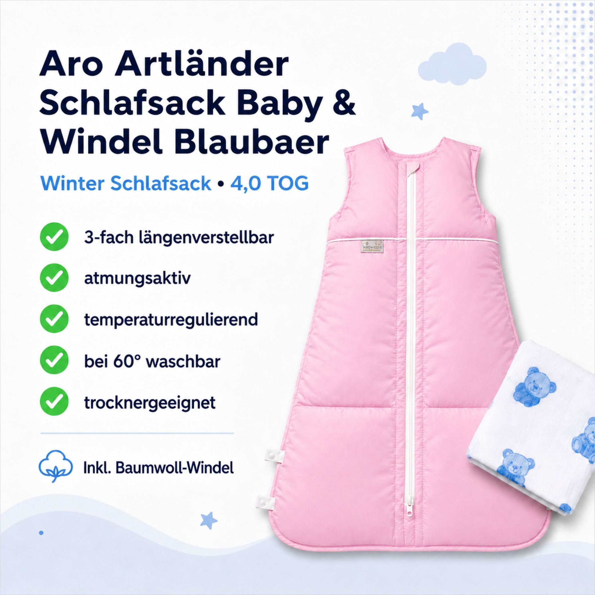 Kinderhaus Blaubaer Babyschlafsack Daunenschlafsack TOP, 3-fach längenverstellbar mit Premiumdaunen luftig leicht atmungsaktiv