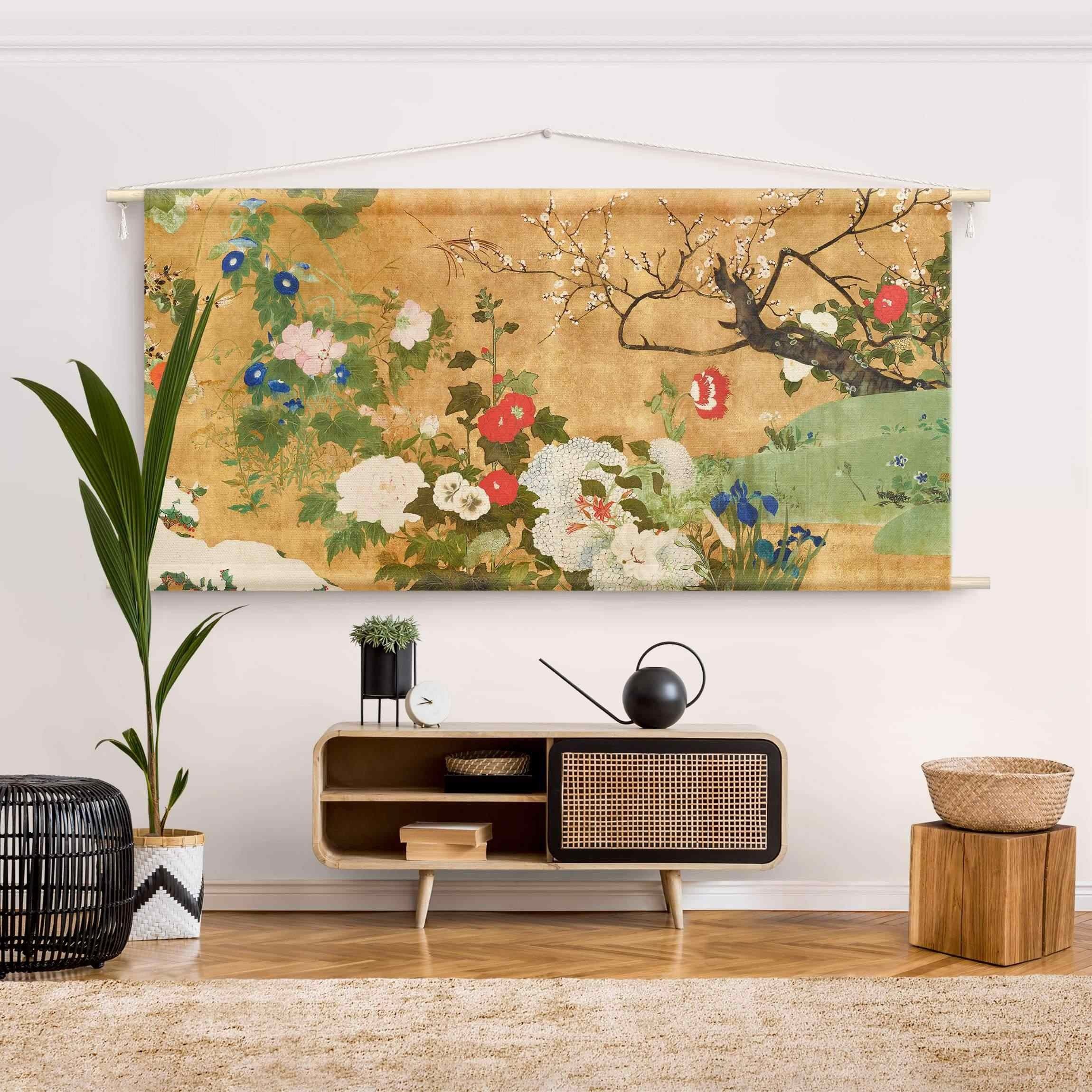 Bilderdepot24 Wandteppich modern Blumen Orientalisch Vintage bunt, rechteckig, Höhe: 2.6 mm, großes Wandbild aus Natur-Baumwolle Wandbehang Stoffbild Tuch Wollseil