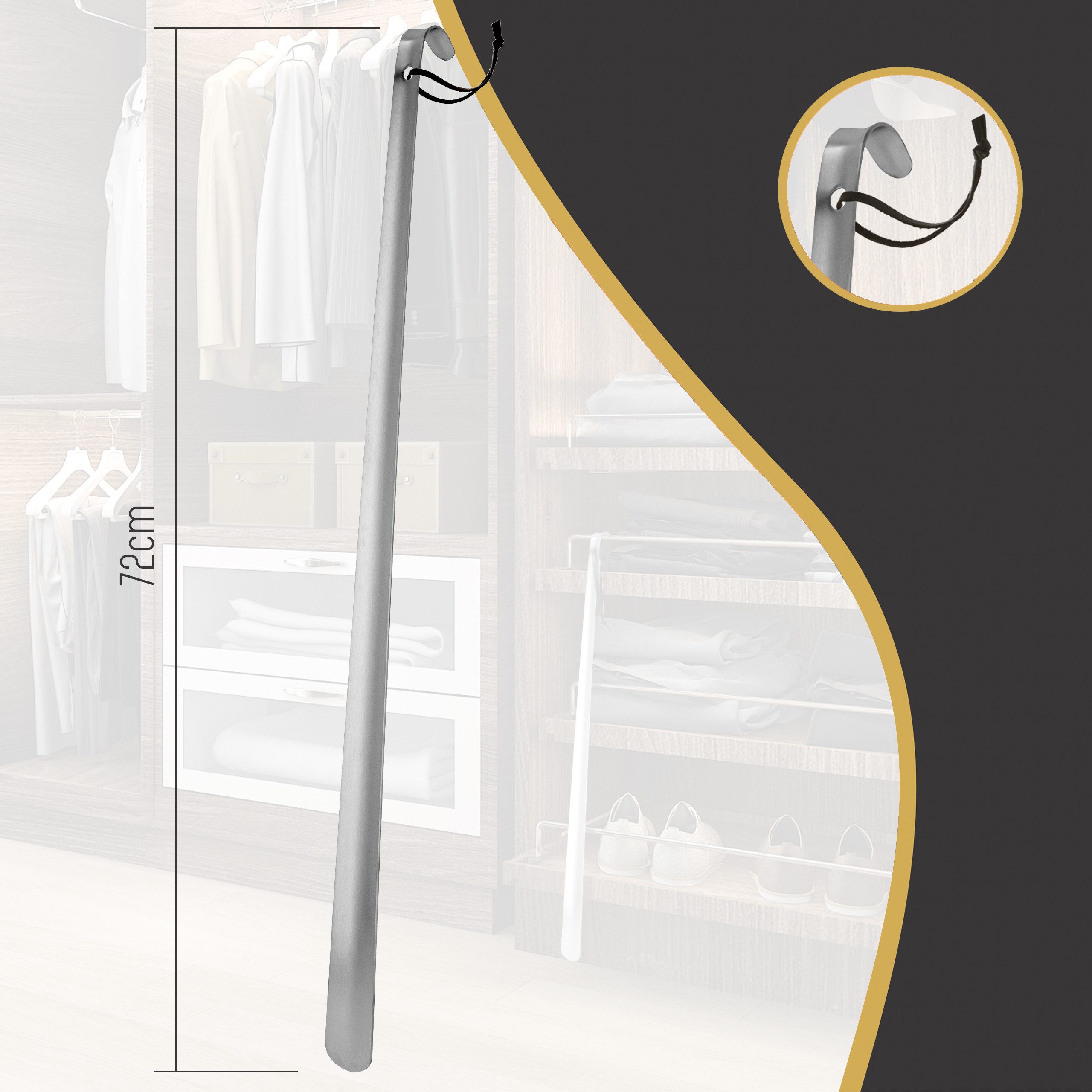 Lantelme Schuhlöffel 72 cm Schuhanzieher mit Lederband Schuhanziehilfe Xxl Lang Stabil, Edelstahl robust und sehr stabil
