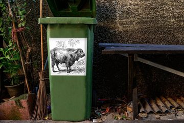 MuchoWow Wandsticker Illustration eines Wasserbüffels in schwarz-weiß (1 St), Mülleimer-aufkleber, Mülltonne, Sticker, Container, Abfalbehälter
