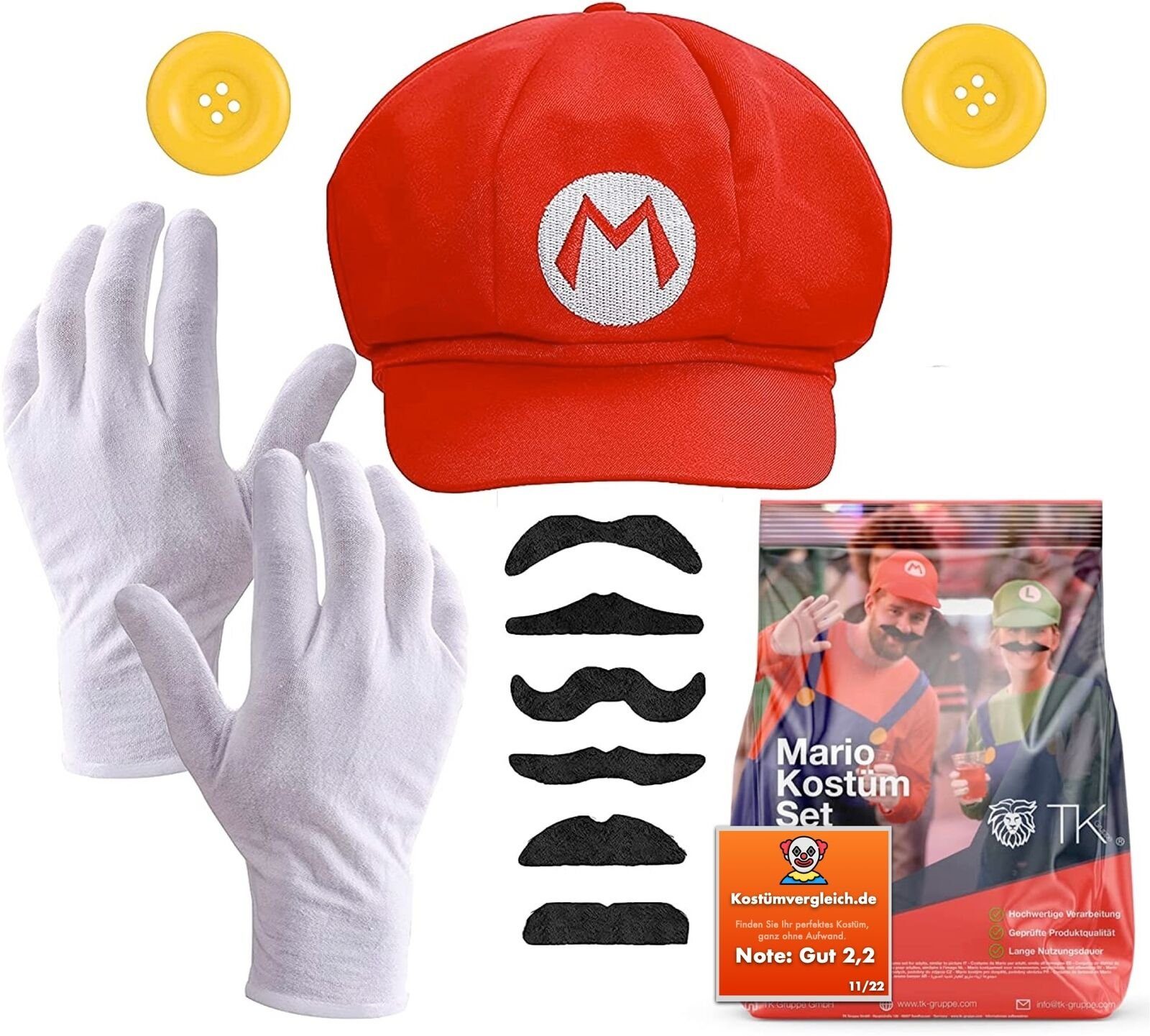 Kostümheld® Kostüm Mario Set mit Handschuhen, Schnurrbärte, Mütze und Knöpfen - Kostüm, für Kinder und Erwachsene
