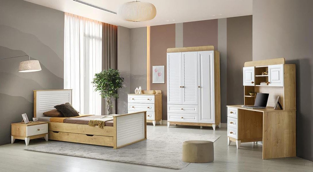 Jugendzimmer-Set 5-teiliges Kinderzimmer Set: Bett, Nachttisch, Kommode, Schreibti