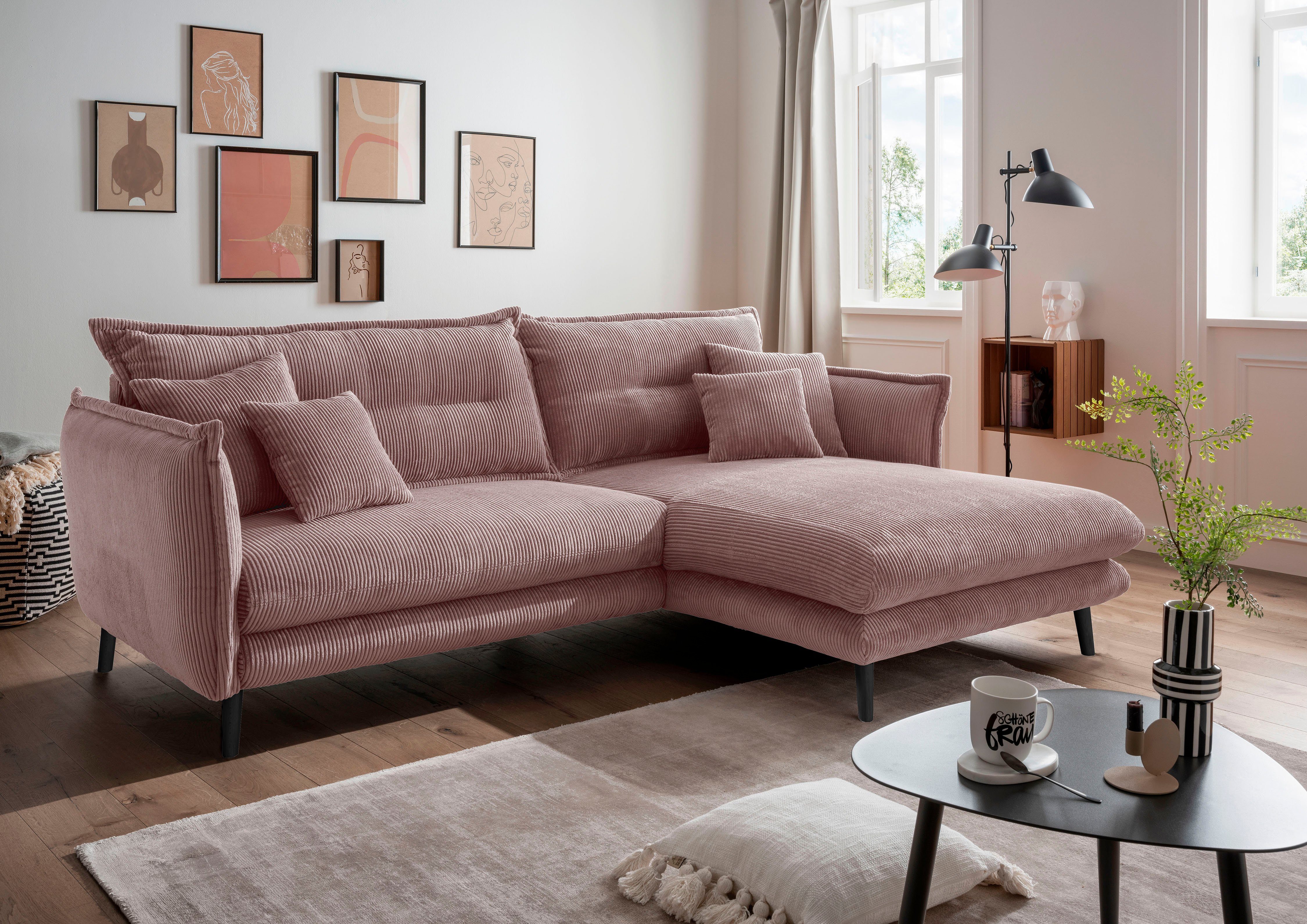 Home affaire Ecksofa Levke, aktuelles Design: Kissen Optik, Holzfuß anthrazit, bequem, Cord, L-Form, inkl. Rücken- und Zierkissen