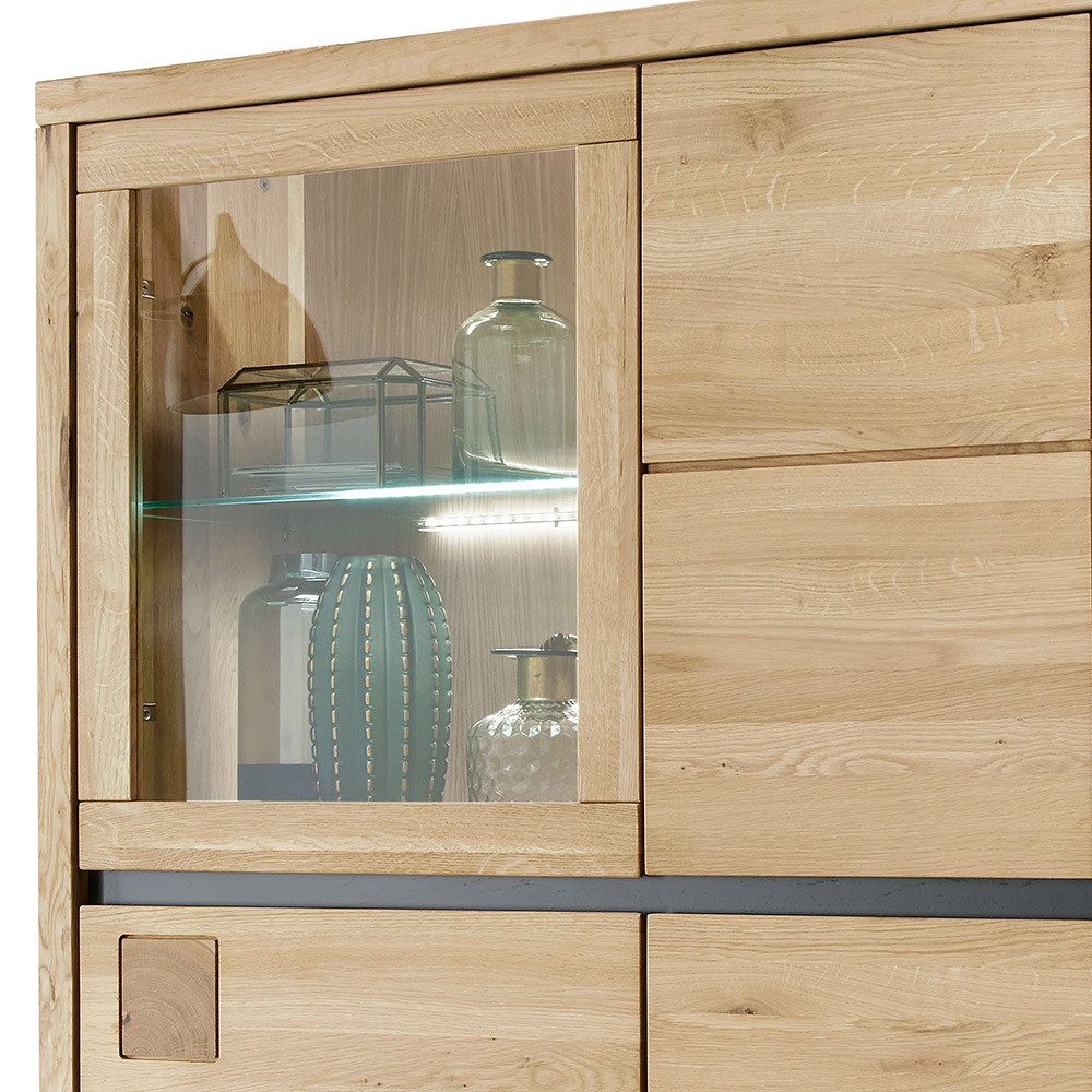 Lomadox Highboard WINCHESTER-69, Standvitrine Schrank 103 cm Eiche massiv geölt Hirnholz-Detail