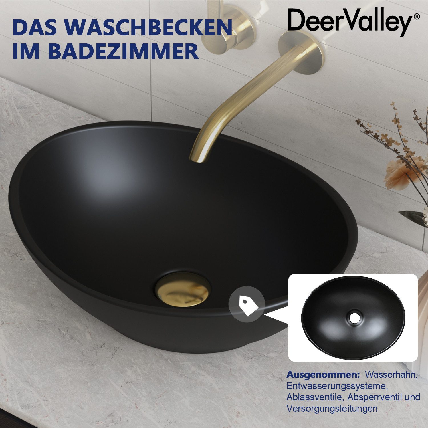 DeerValley Aufsatzwaschbecken DeerValley Oval Keramik Aufsatzwaschbecken Badezimmer Gäste-WC 40x33cm (Packung, ohne Armatur und Ablaufgarnitur), Ovale Keramik-W – Bild 4 von 5
