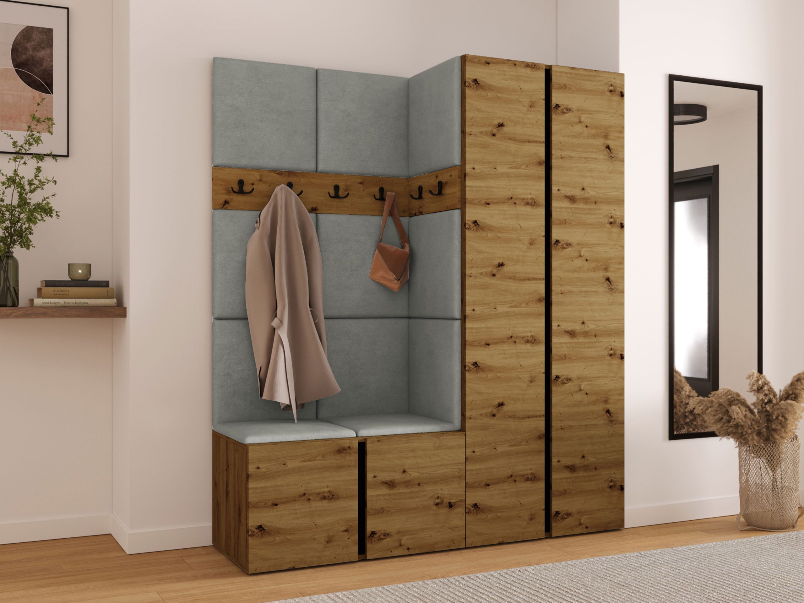 MIRJAN24 Garderoben-Set Orion III, (Komplett-Set, Kleiderschrank, Schuhschrank, 2x Kleiderhakenbrett, Paneel 11x 42x42), Auswahl aus Fronten und Polsterplatten