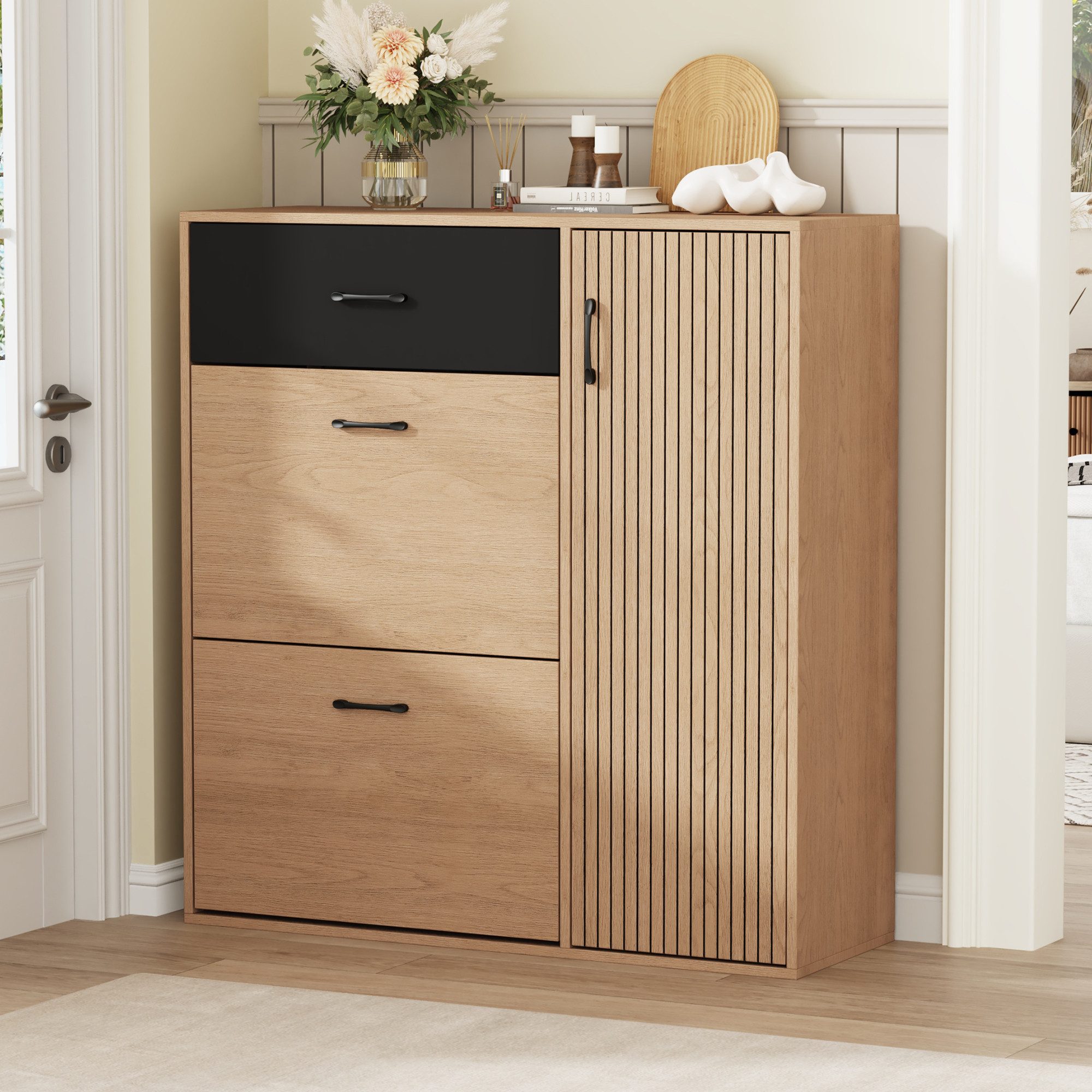 Merax Schuhschrank Naturholzoptik mit Schwarz, schmaler Schuhkipper, 100x35x106cm (Schuhaufbewahrung für Flur und Eingangsbereich, 1-St) Schuhschrank mit 2 Klap – Bild 3 von 5