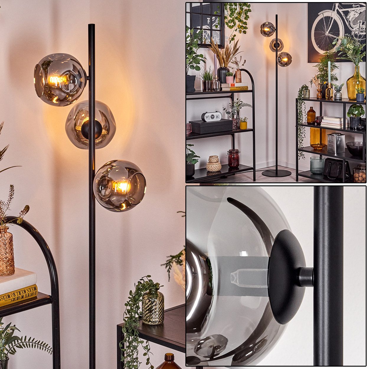 Stehlampe Stehlampe aus Metall/Glas in Schwarz/Rauchfarben mit Fußschalter