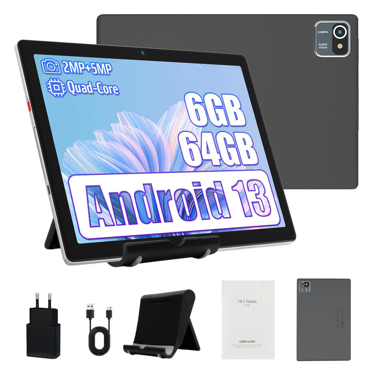Happybe 10 Zoll Android 13 6GB RAM, 64GB, 1280x800 HD Display, WiFi, BT 5.2 Tablet (10", 64 GB, Android, WiFi, Dual-Kamera, Widevine L1, HD 1280x800, 64 GB erweiterbar auf 128 GB)