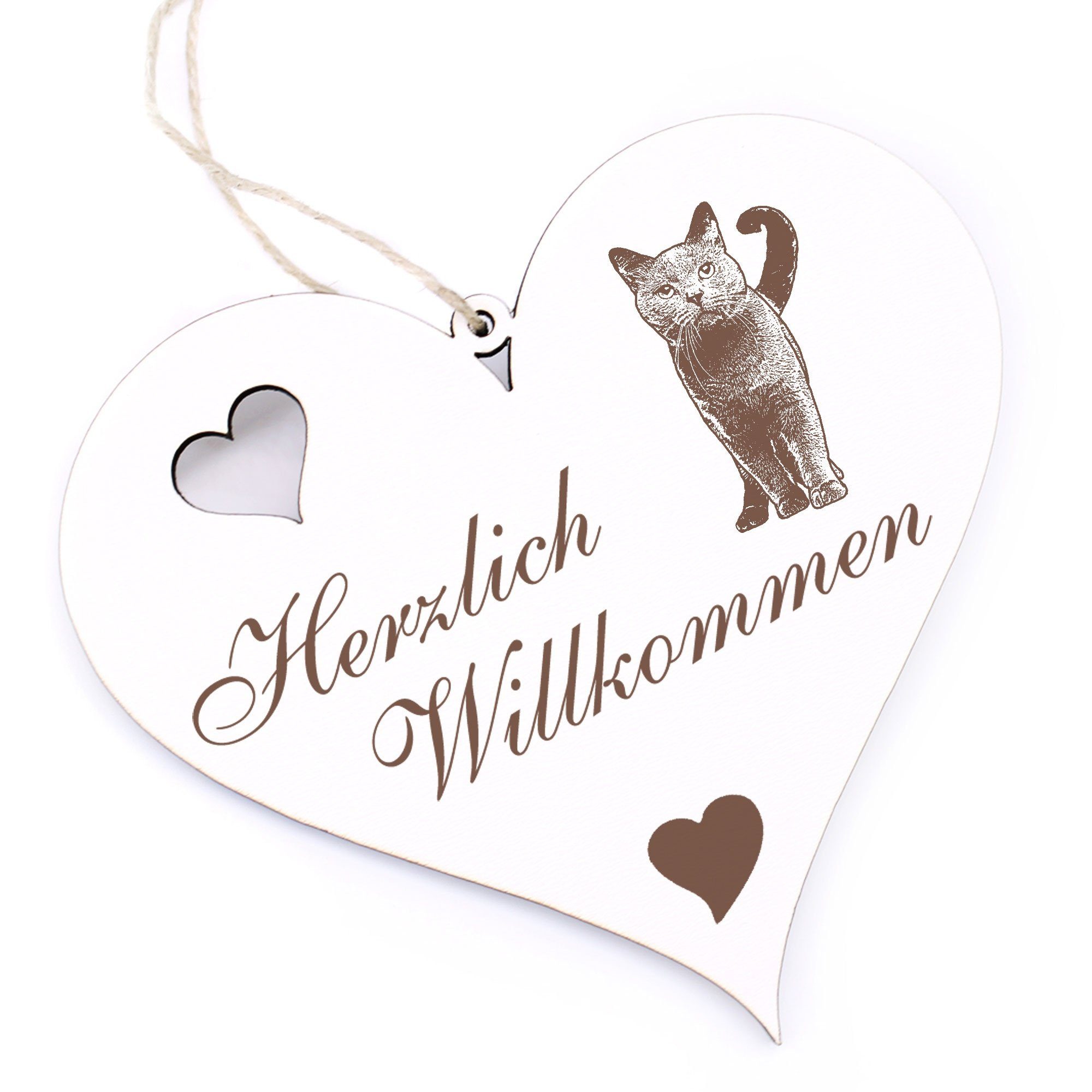 Dekolando Hängedekoration Herzlich Willkommen - Kartäuser Katze - 13x12cm