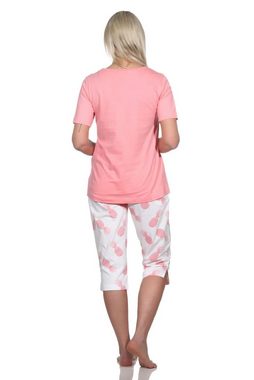 Normann Pyjama Damen Kurzarm Schlafanzug mit Caprihose Homewear und Ananas als Motiv