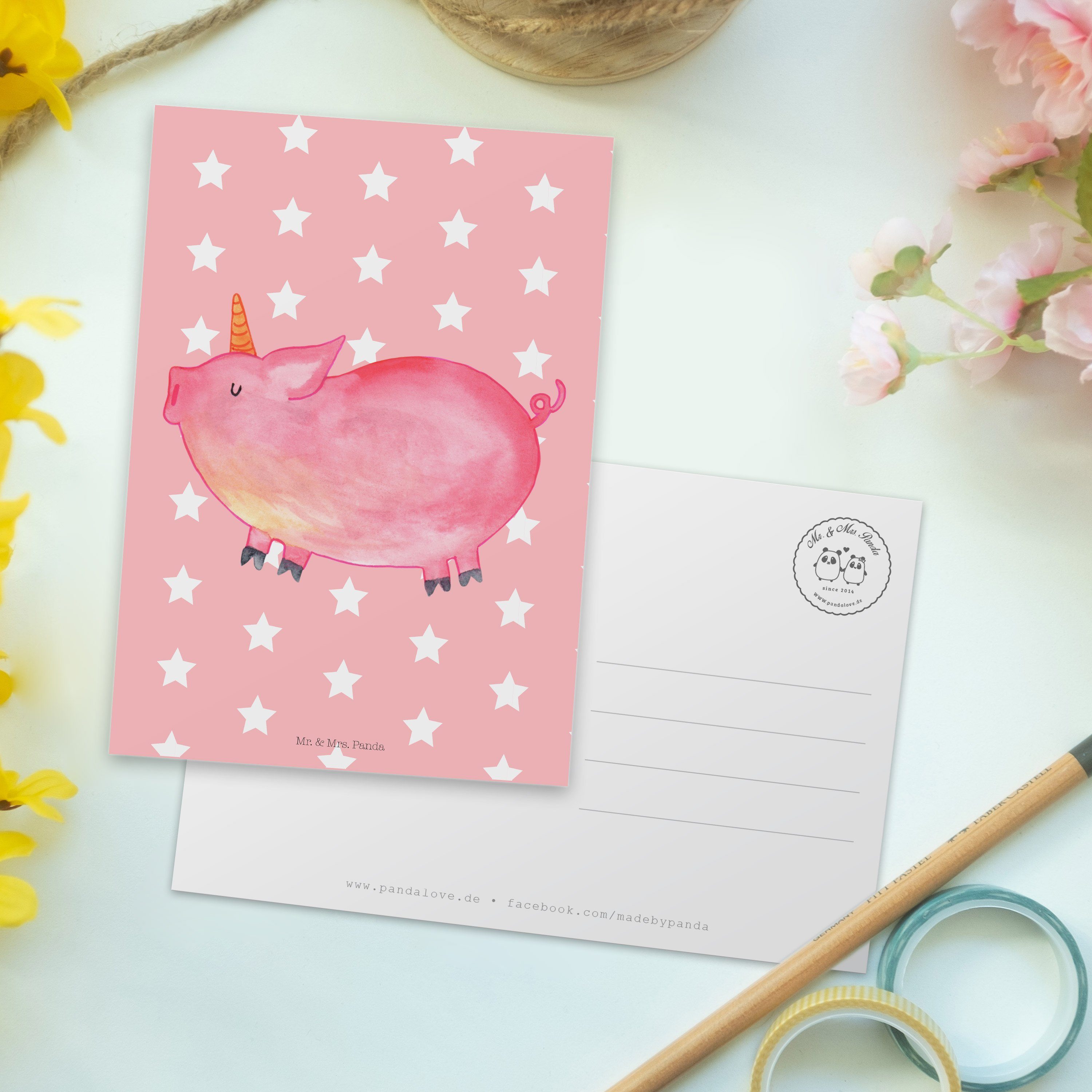 Mr. & Mrs. Schweinhorn - Postkarte Geschenk, Panda Geschenkk Pig, Rot - Unicorn, Pastell Einhorn