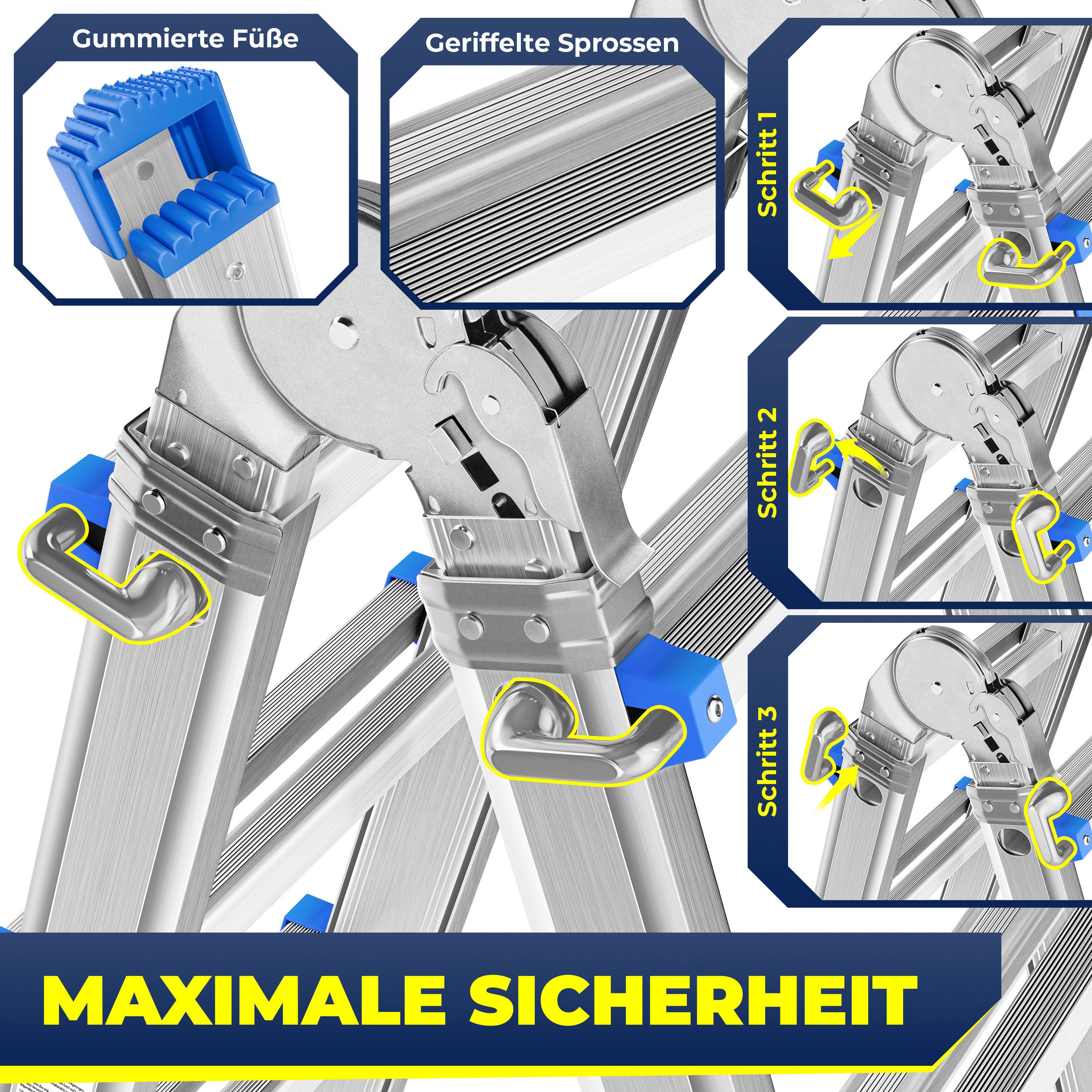 MASKO Vielzweckleiter Aluminium 6in1 Mehrzweckleiter – 20 Sprossen - 520 cm 150 Kg, (ausziehbar, Rutschfest, Multifunktional, Gelenkleiter, Anlegeleiter), Klapp – Bild 4 von 5