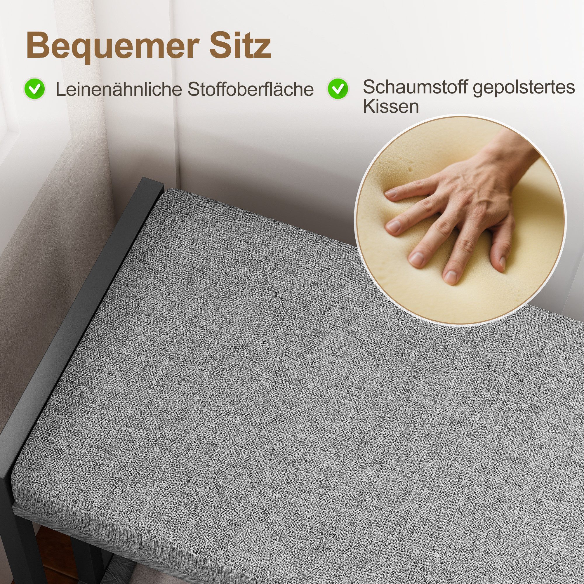 HOMCOM Schuhbank Schuhregal mit Sitzfläche mit Stauraum, 3 Fächer (Flurbank, 1-St., gepolstert Sitzbank), für Wohnzimmer, Flur, 86 x 30 x 45,4 cm, Grau – Bild 5 von 5