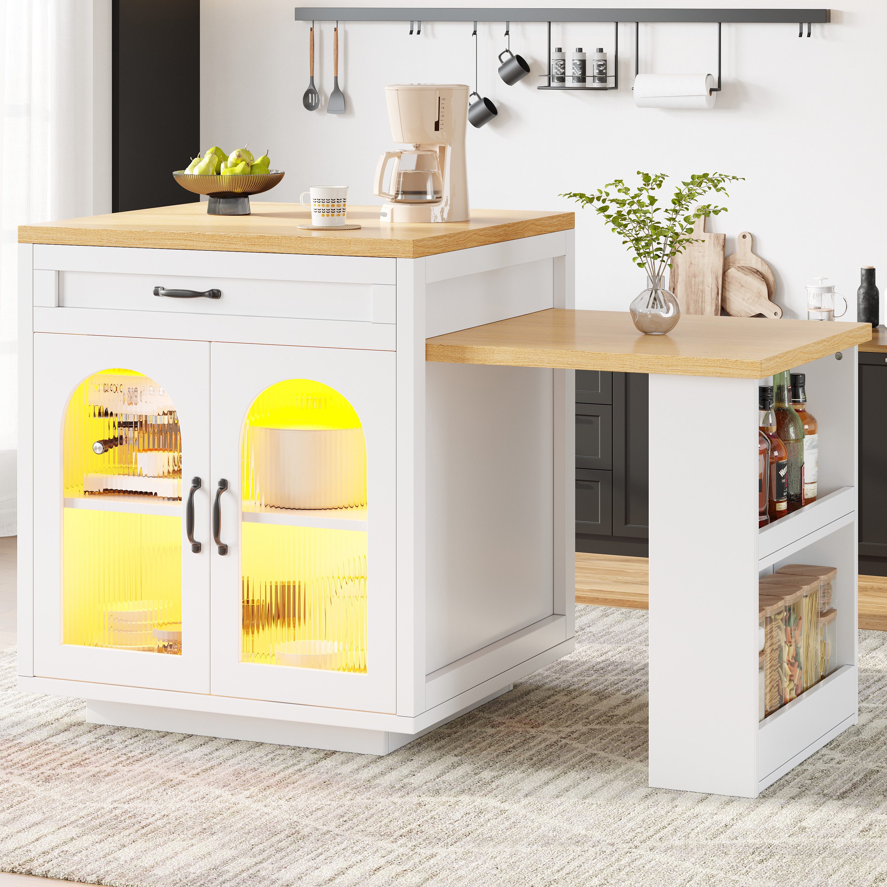 STILVORA Sideboard Kücheninsel Bartisch Ausziehbare Küchenschrank mit LED (Kücheninsel ausziehbar mit LED, ausziehbar, LED RGB (APP), mit 2 Schubladen & Stauraum, bis 60 kg), 80×94 cm, Tischplatte 126–196 cm, MDF+Glas