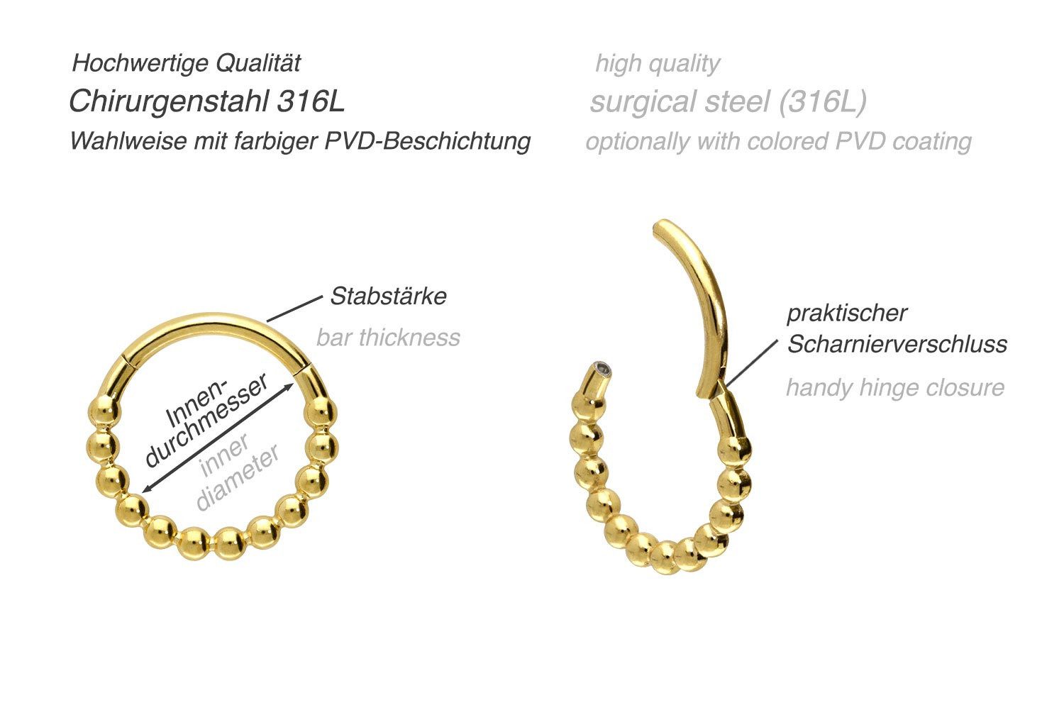 PIERCINGLINE Nasenpiercing Chirurgenstahl Segmentring Clicker KUGELN Ohrpiercing Septum Nase (Clicker, 1-tlg), Ohrpiercing für Conch, Helix, Tragus, Daith, Lobe