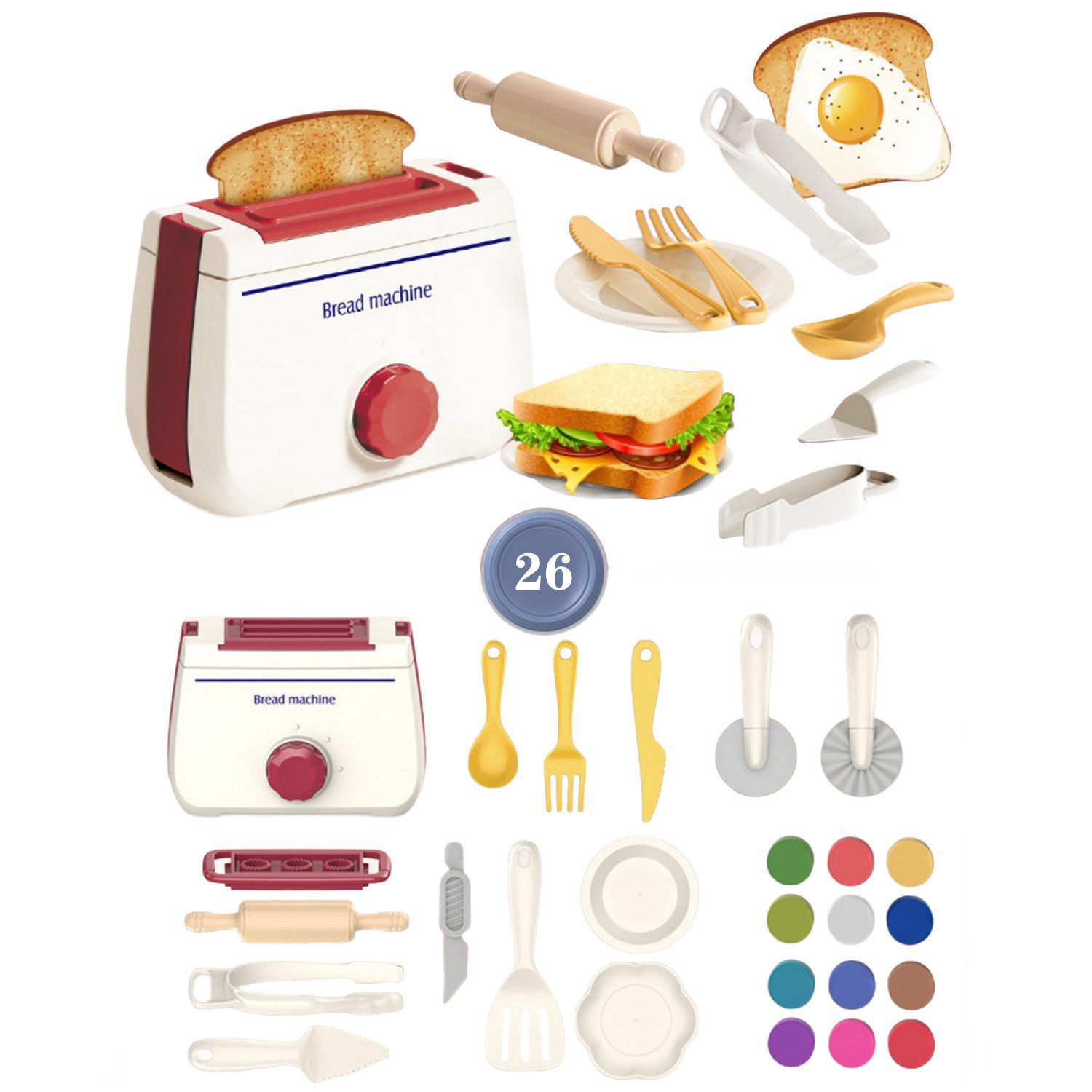 Daisred Greifspielzeug Kinder Küchengeräte Toaster Spielzeug Set mit Knete Zubehör ab 3 Jahre