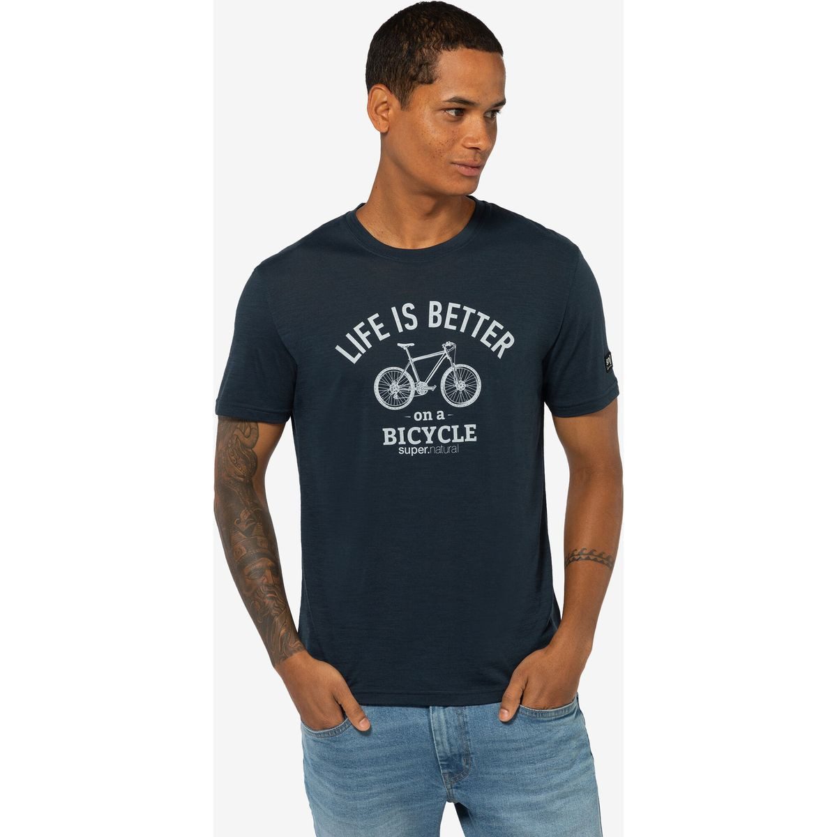 SUPER.NATURAL Kurzarmshirt M Better Bike Tee Atmungsaktives Merino T-Shirt mit UV-Schutz und Fahrradprint für