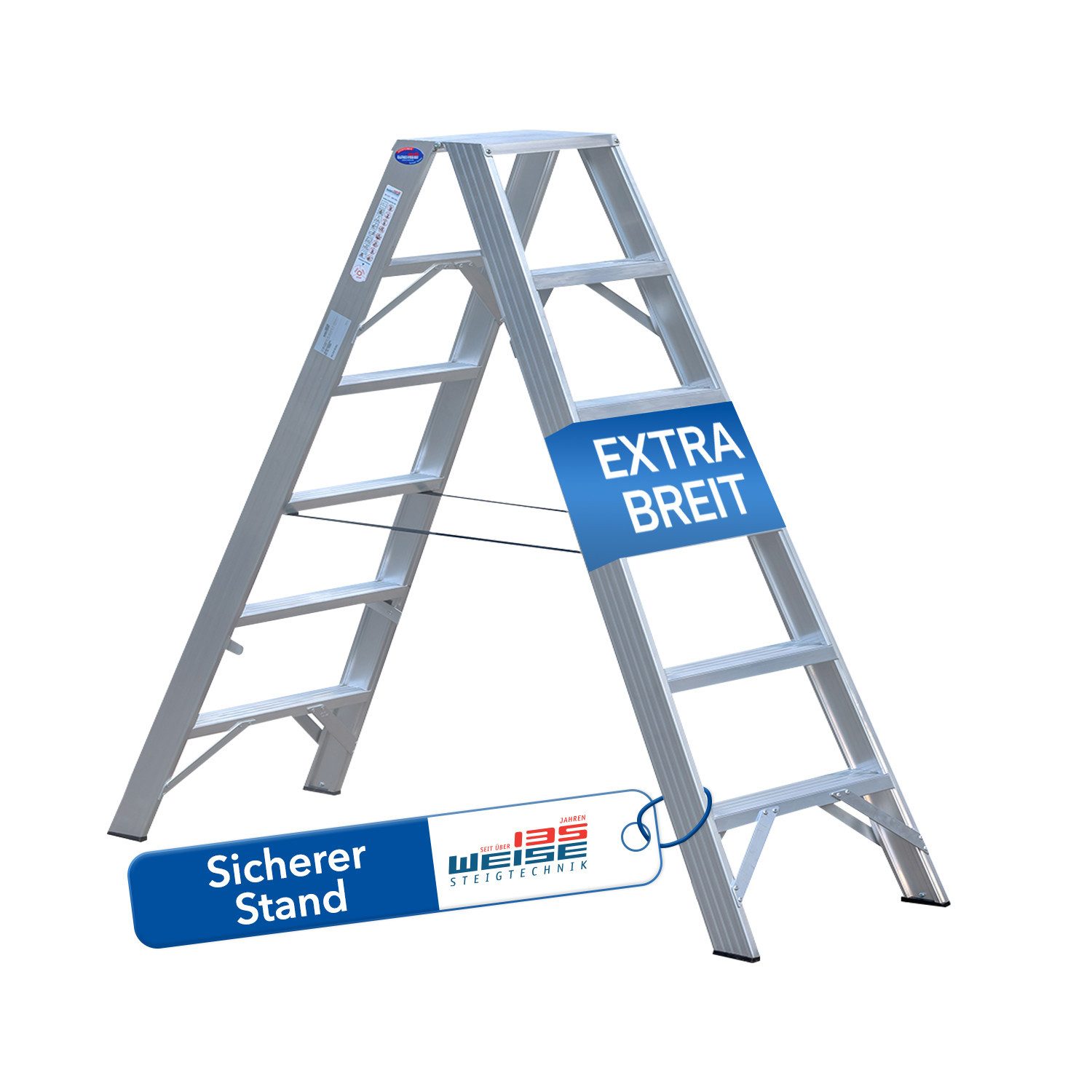 Weise Steigtechnik Stehleiter MAXXIMUSS Industrie Stufen-Stehleiter XL (5 Stufen, 250 kg Belastbarkeit), extra breite trittsichere Stufen, klappbare Trittleiter mit Bändern