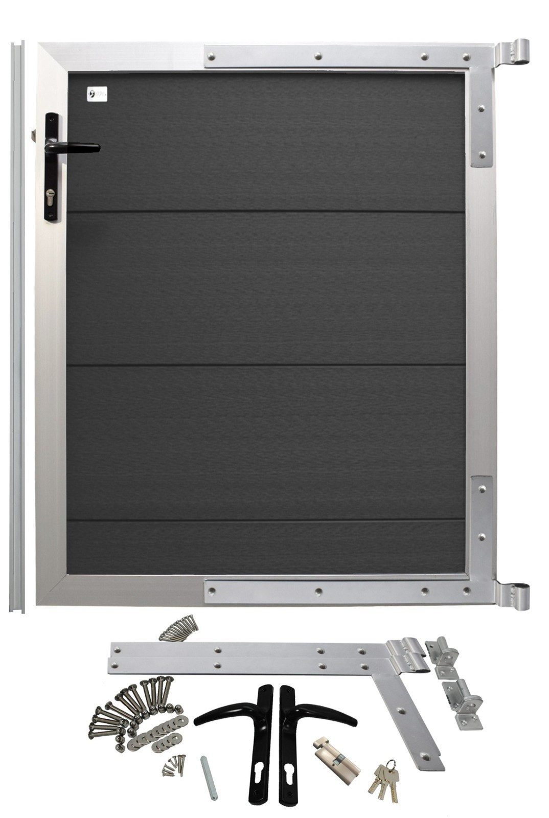 WPC Profi Zauneinzeltür XL Paneel Zaun Garten Gartentor Anthrazit gebürstet 90 X 110 cm, (Komplettset, Tür inkl. Schloss, Griff, Anschlag, Befestigung)