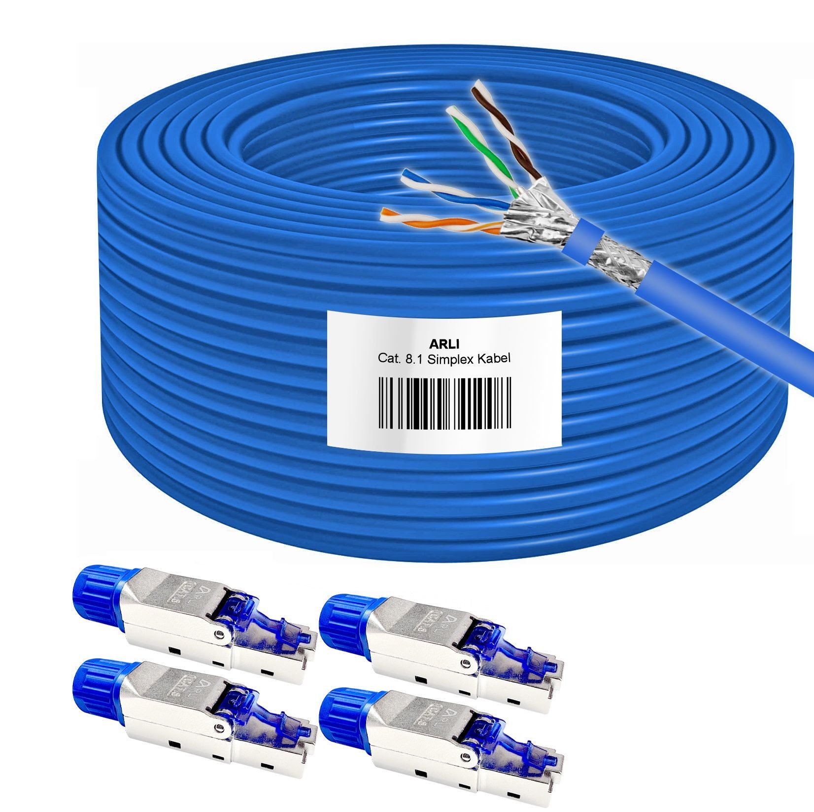 Cat8 Verlegekabel 50m Cat 8.1 Netzwerkkabel + 4x RJ45 Netzwerkstecker Installationskabel