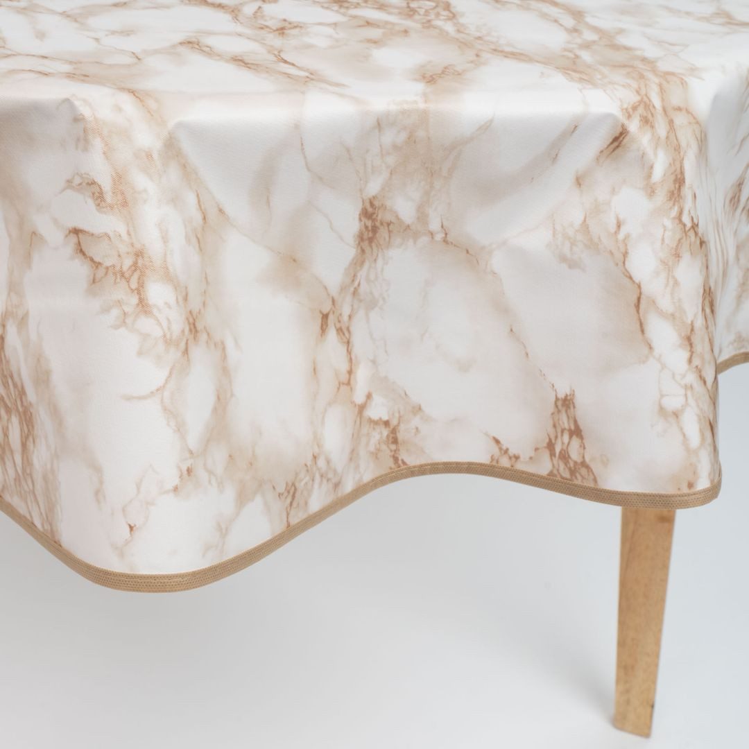 laro Tischdecke 140cm rund Wachstuchtischdecke Saum-Eingefasst Marmor Weiß Beige Braun – Bild 4 von 5