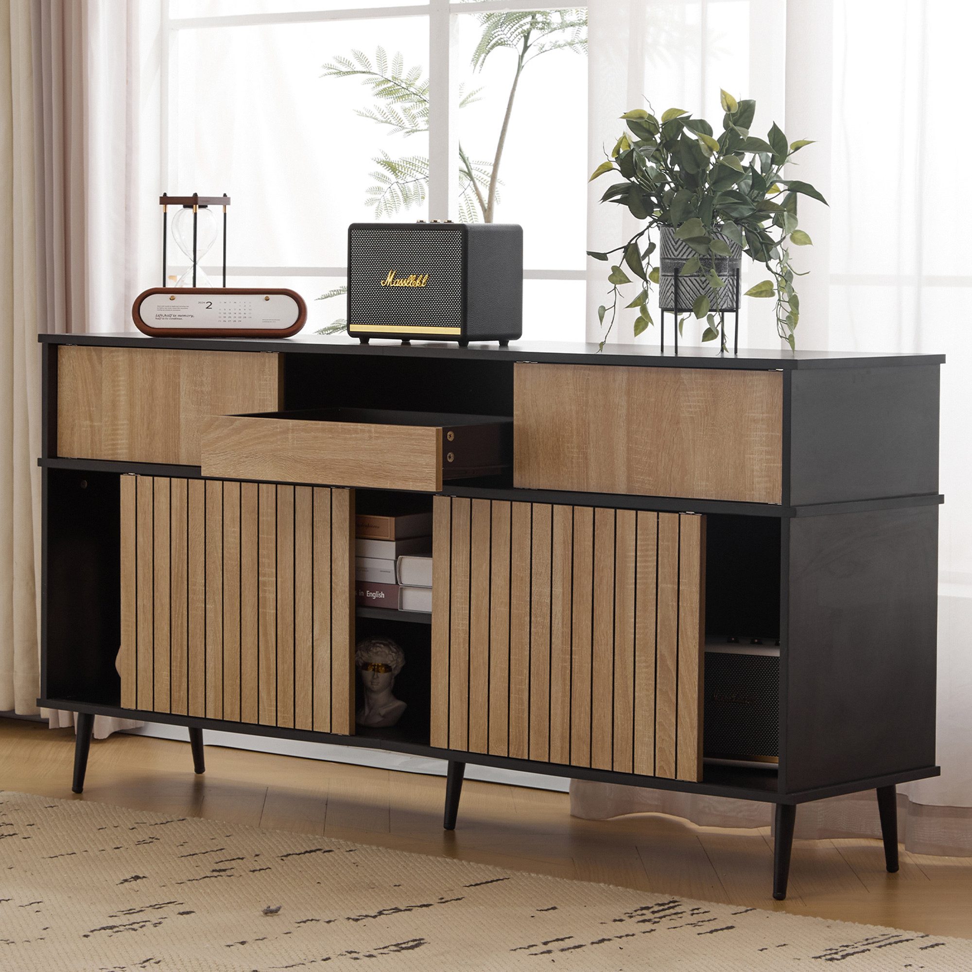 Flieks Kommode mit 4 Schiebetüren und 1 Schublade (1 St., 160Bx40Tx80H cm), Sideboard mit verstellbar Ablagen Küchenschrank Mehrzweckschrank Holz