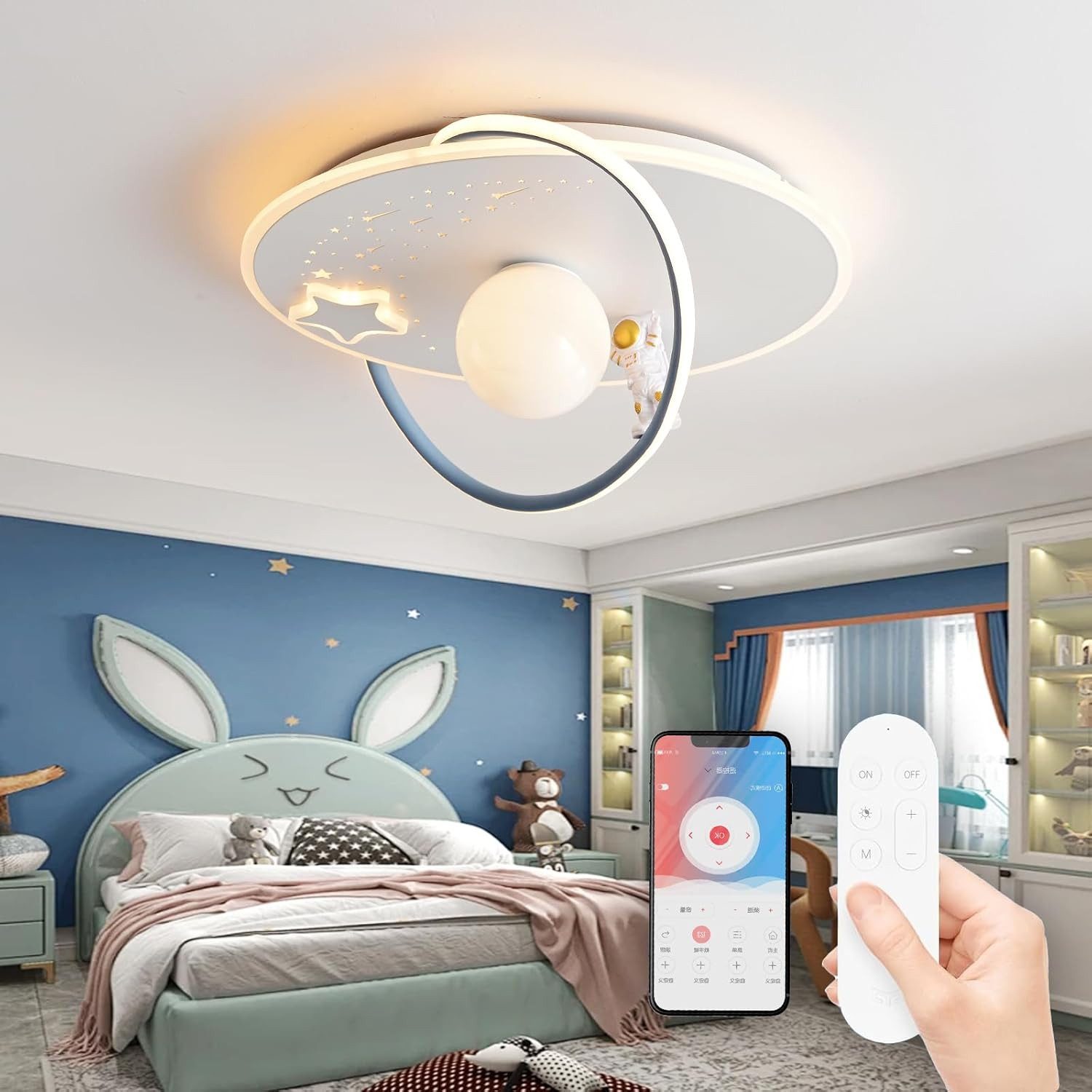 RRBEST Deckenleuchte LED Kinder Deckenlampe, Modernes Design Mond Astronaut Deckenleuchte, Dimmbar mit Fernbedienung Jungen und Mädchen Kinderzimmer Lampen